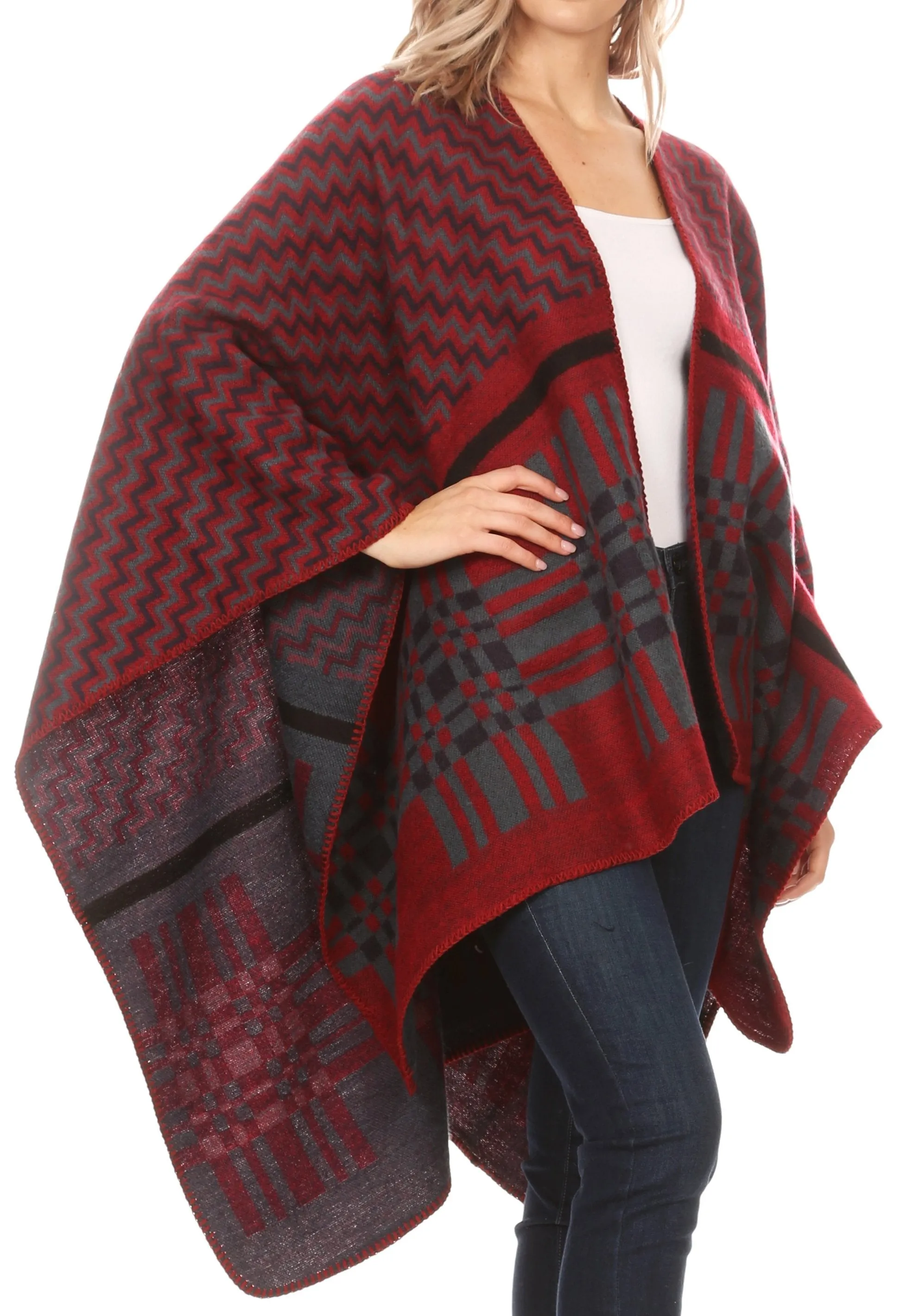 Sakkas Lupe Womens Reversible Poncho Wrap Cape Shawl Sweater Coat Cardigan Pattern