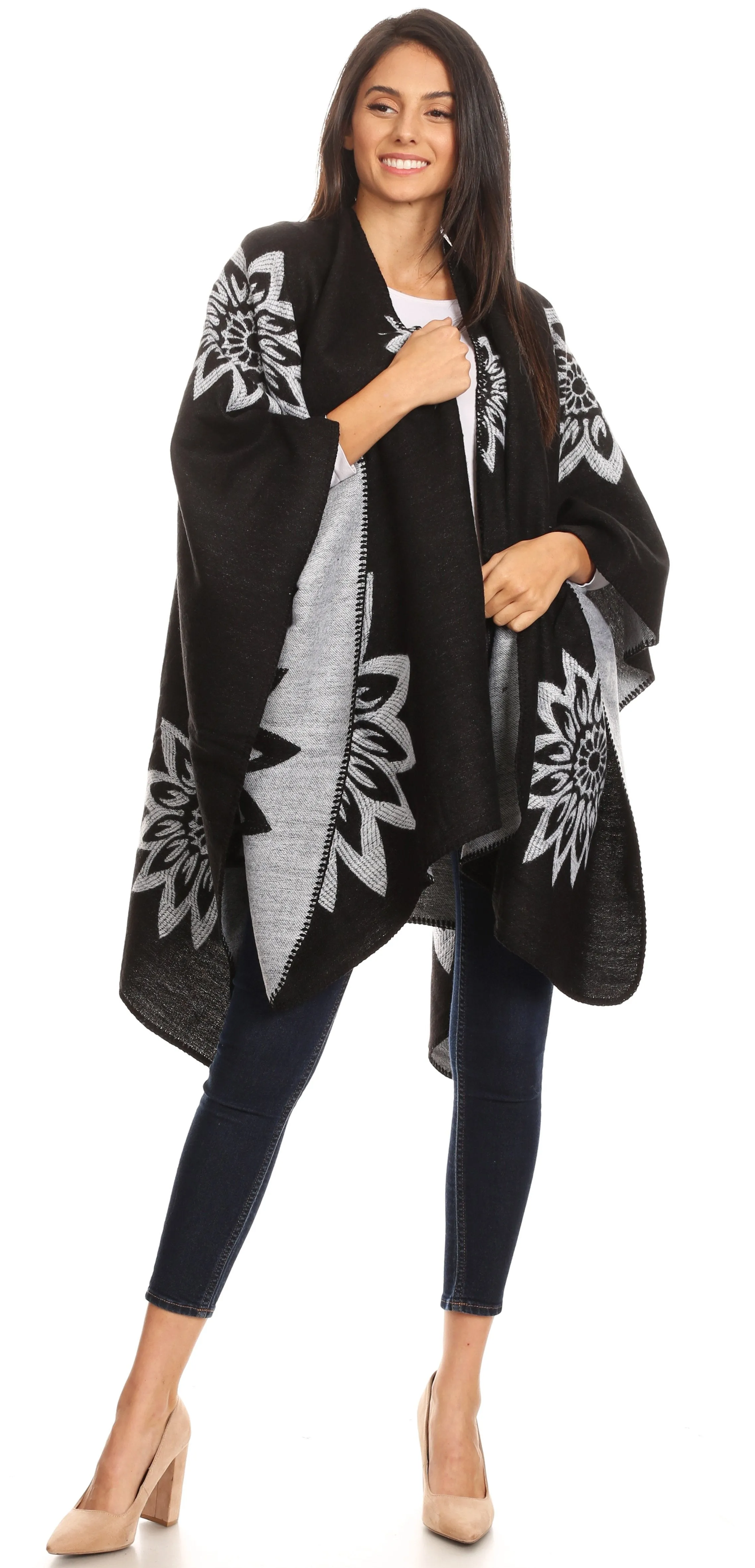 Sakkas Lupe Womens Reversible Poncho Wrap Cape Shawl Sweater Coat Cardigan Pattern