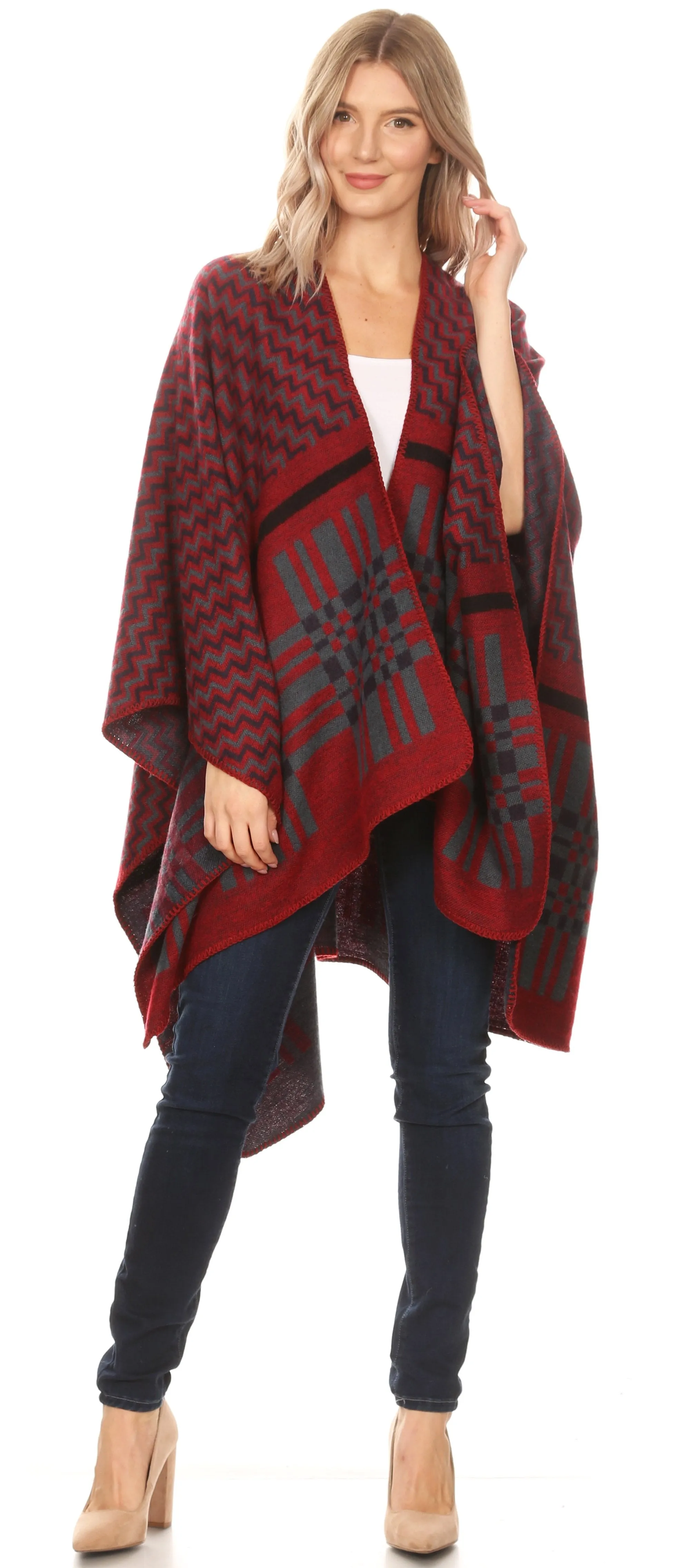 Sakkas Lupe Womens Reversible Poncho Wrap Cape Shawl Sweater Coat Cardigan Pattern