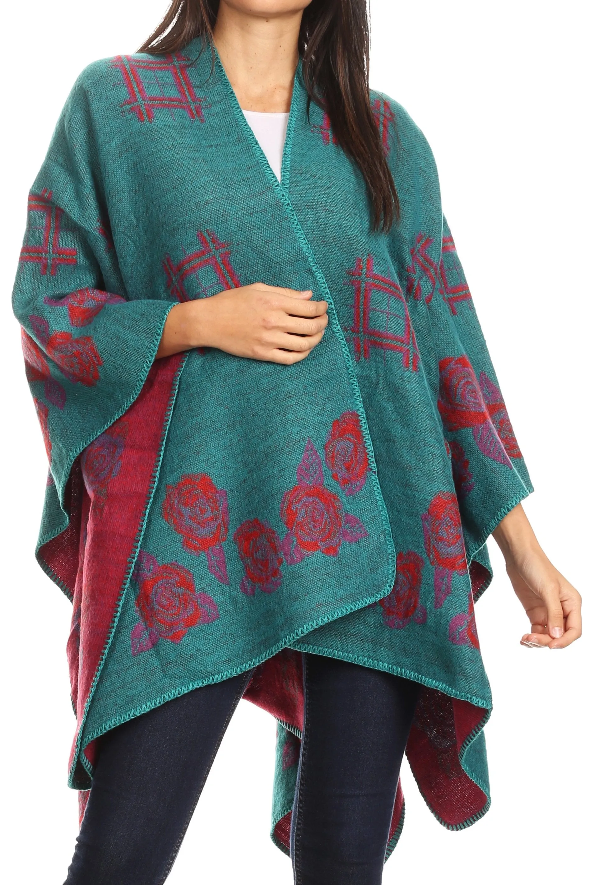 Sakkas Lupe Womens Reversible Poncho Wrap Cape Shawl Sweater Coat Cardigan Pattern