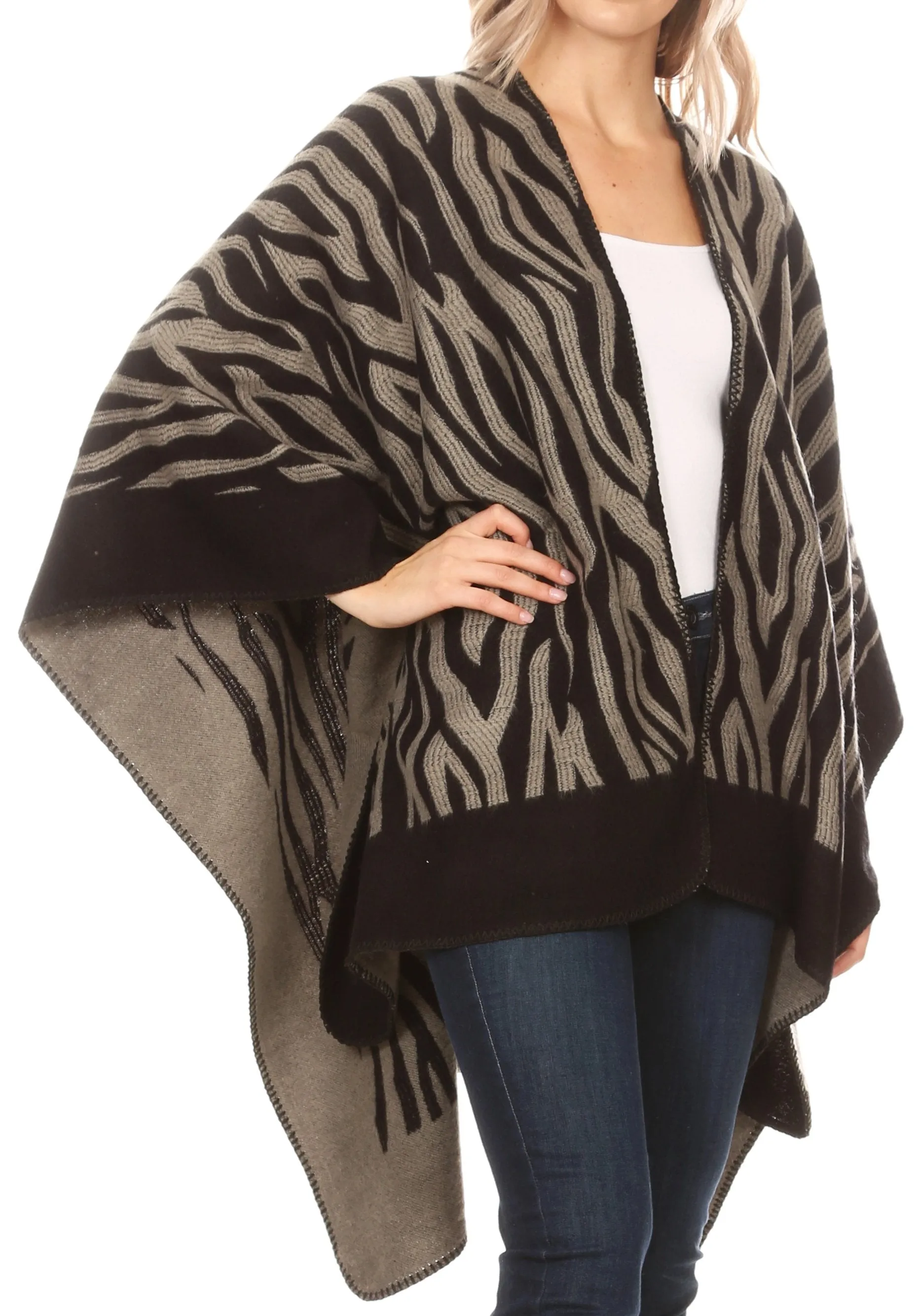 Sakkas Lupe Womens Reversible Poncho Wrap Cape Shawl Sweater Coat Cardigan Pattern