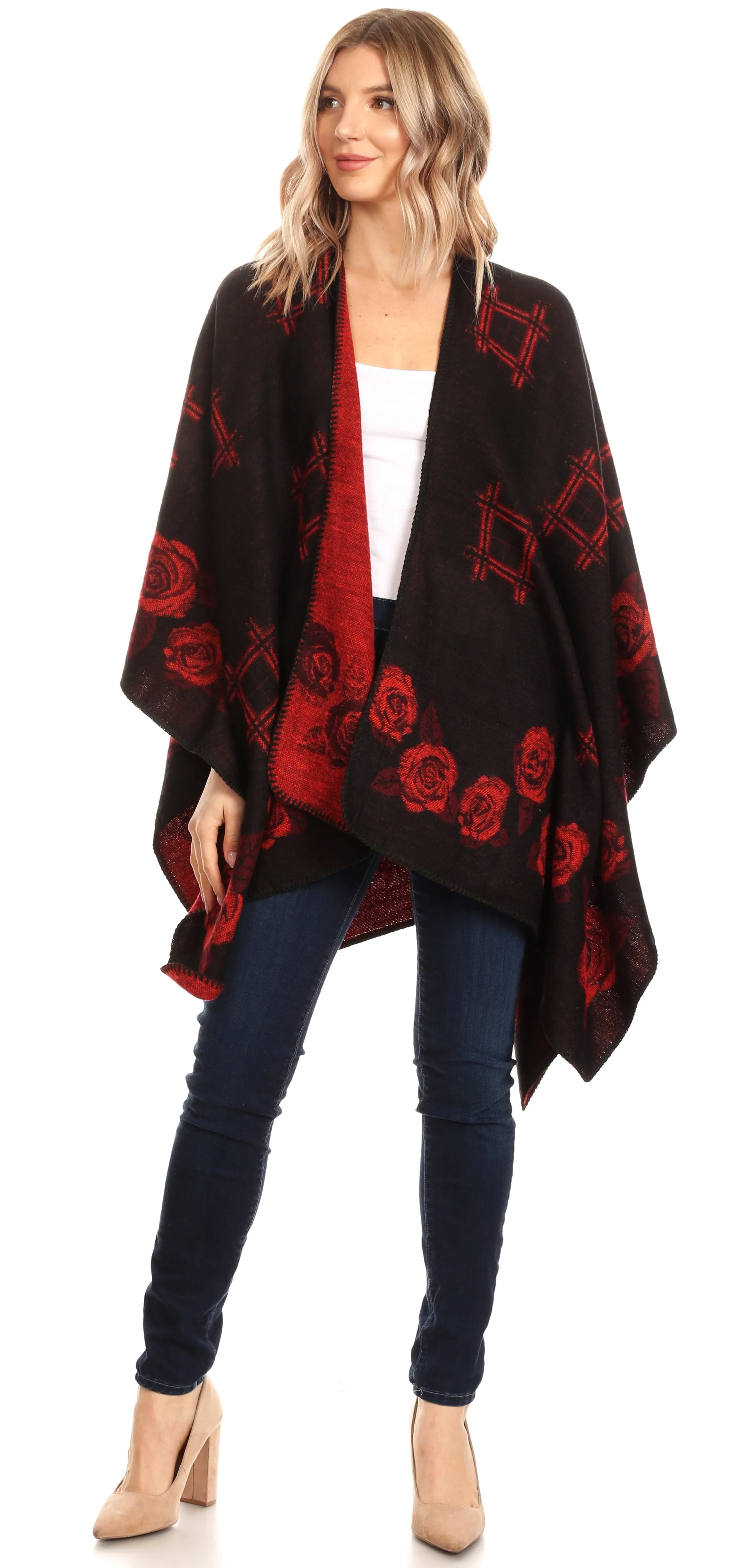 Sakkas Lupe Womens Reversible Poncho Wrap Cape Shawl Sweater Coat Cardigan Pattern