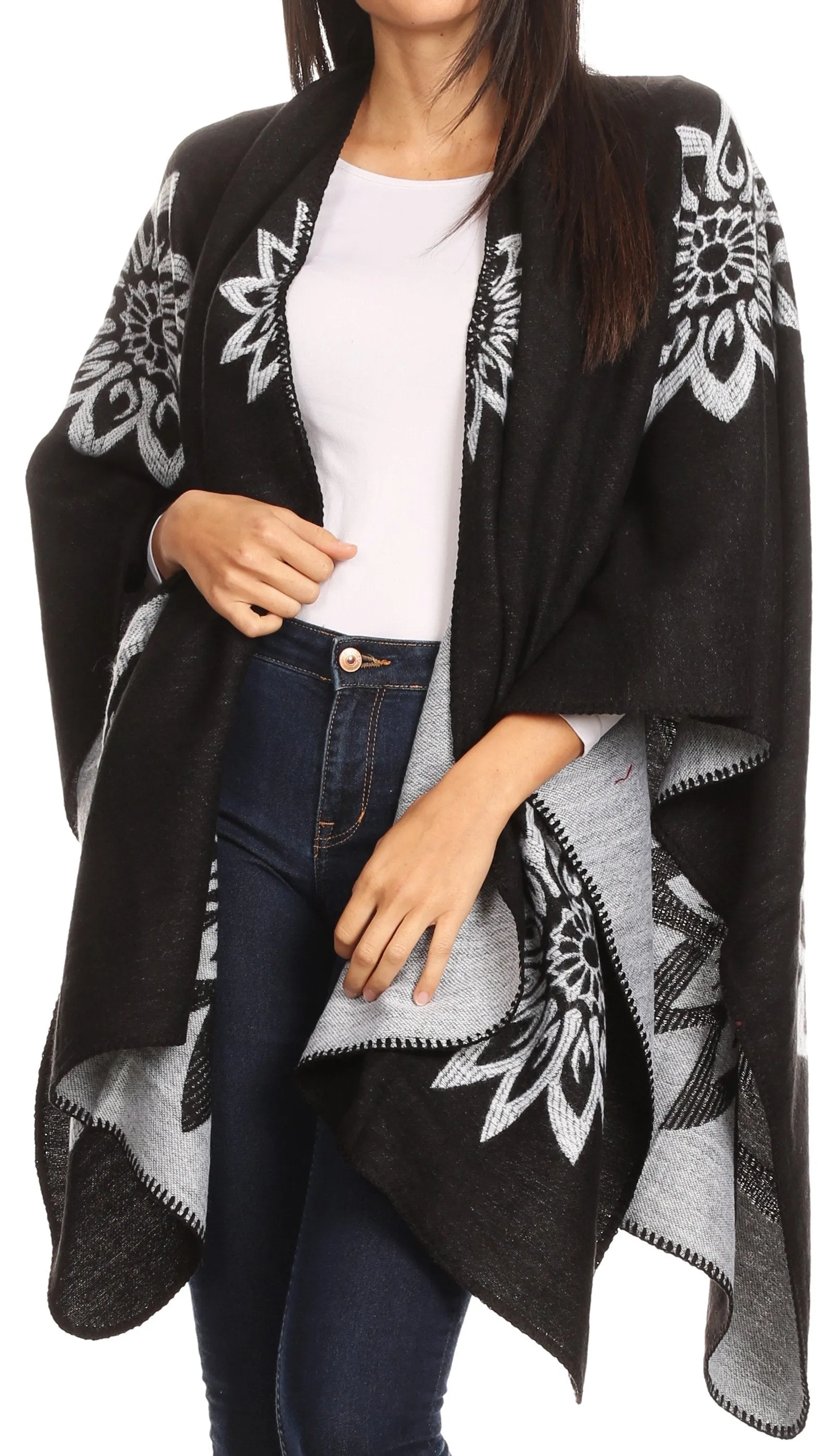 Sakkas Lupe Womens Reversible Poncho Wrap Cape Shawl Sweater Coat Cardigan Pattern