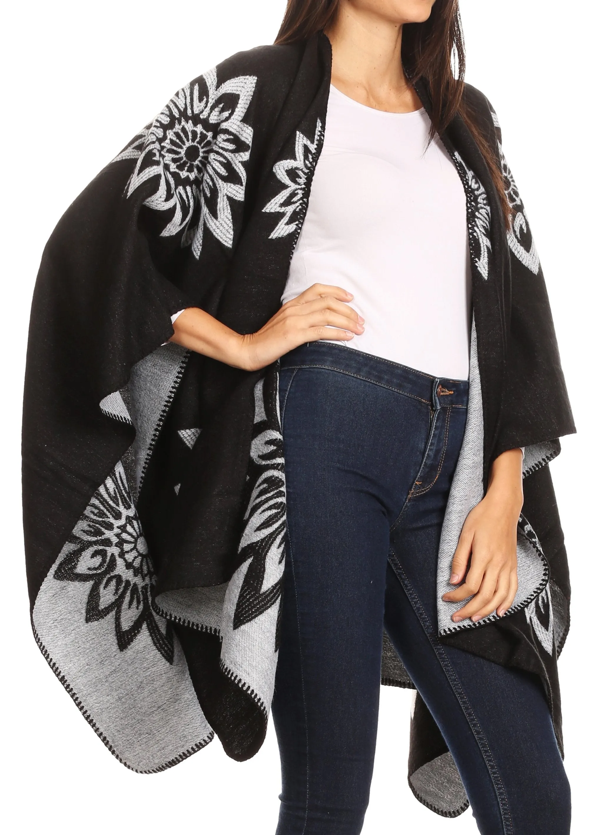 Sakkas Lupe Womens Reversible Poncho Wrap Cape Shawl Sweater Coat Cardigan Pattern