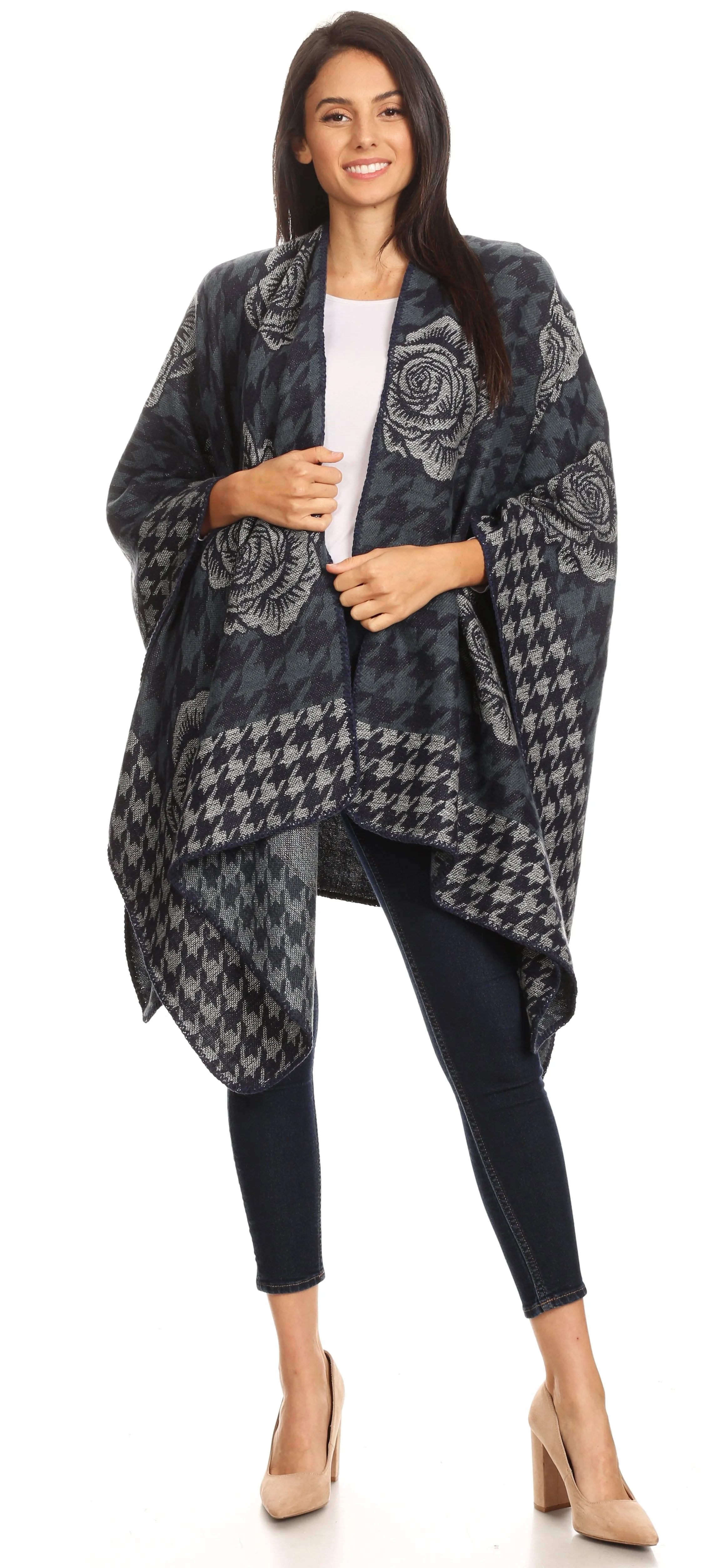 Sakkas Lupe Womens Reversible Poncho Wrap Cape Shawl Sweater Coat Cardigan Pattern