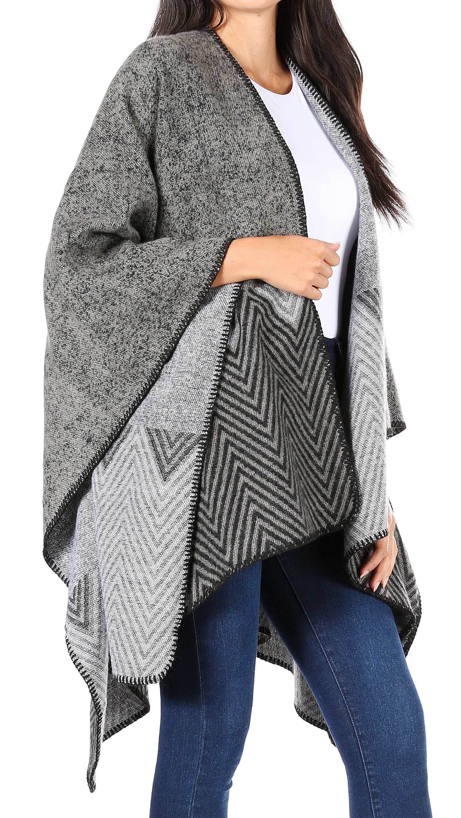 Sakkas Lupe Womens Reversible Poncho Wrap Cape Shawl Sweater Coat Cardigan Pattern