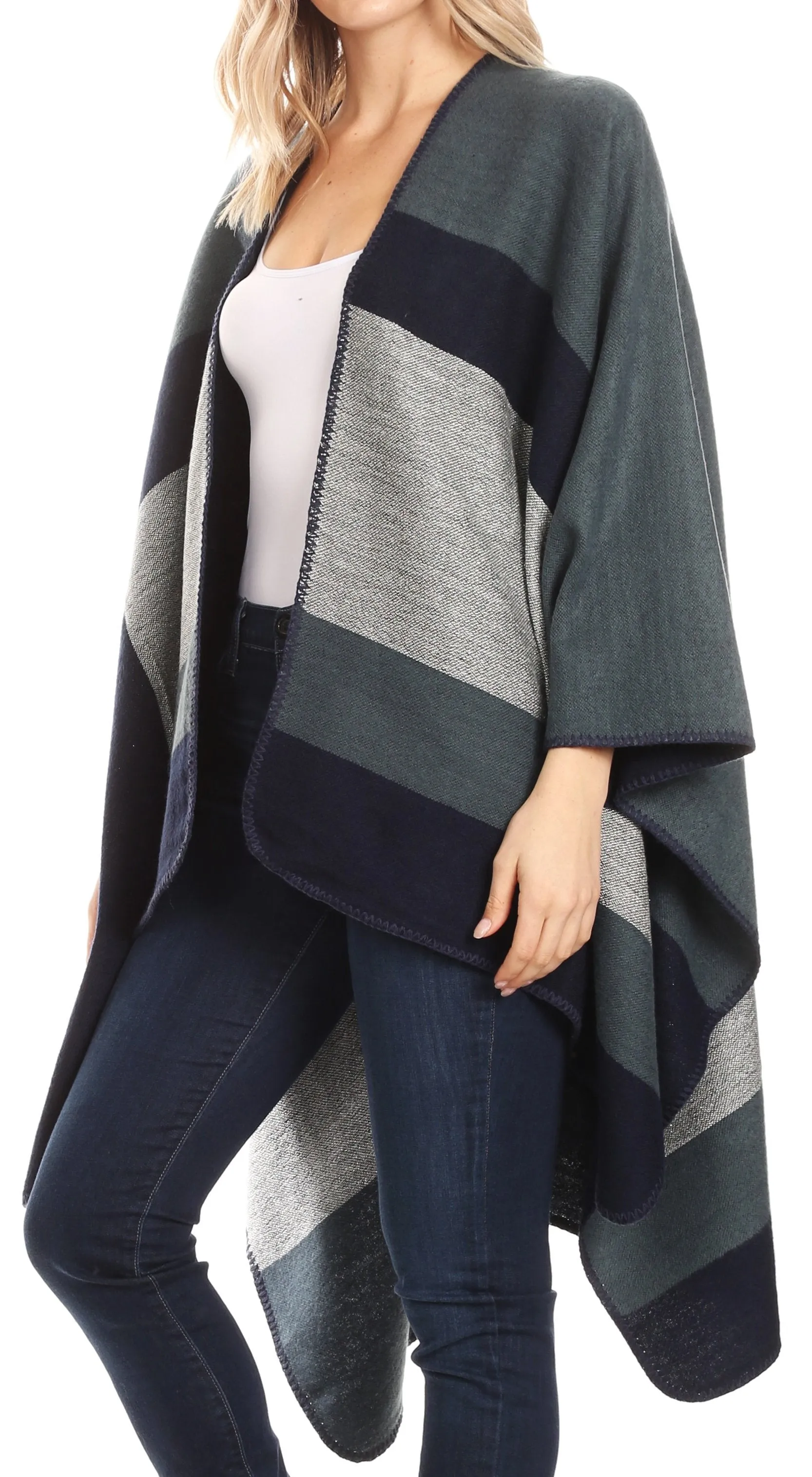 Sakkas Mari Women's Reversible Large Poncho Shawl Wrap Scarf Cape Ruana Blanket