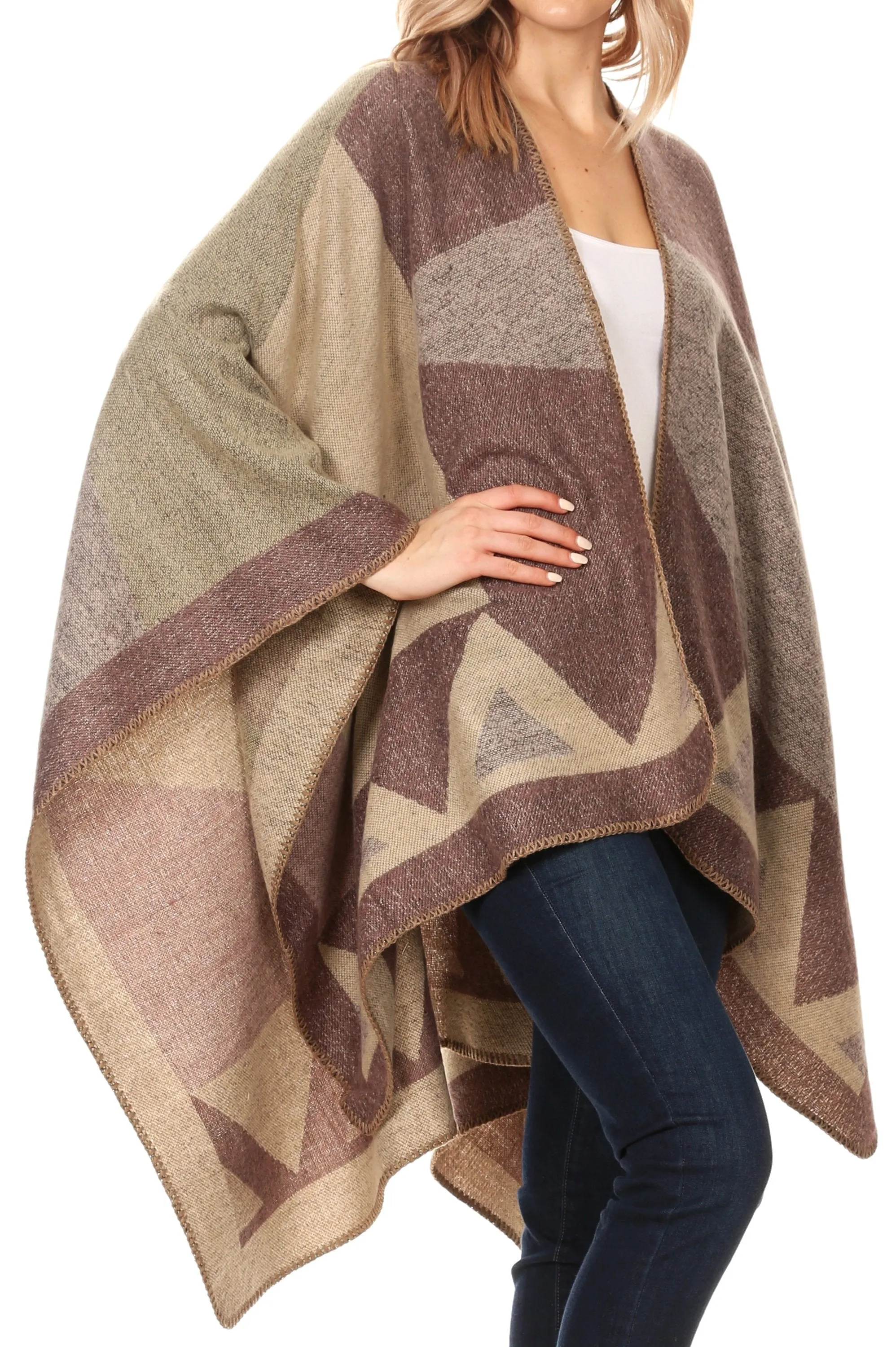 Sakkas Mari Women's Reversible Large Poncho Shawl Wrap Scarf Cape Ruana Blanket