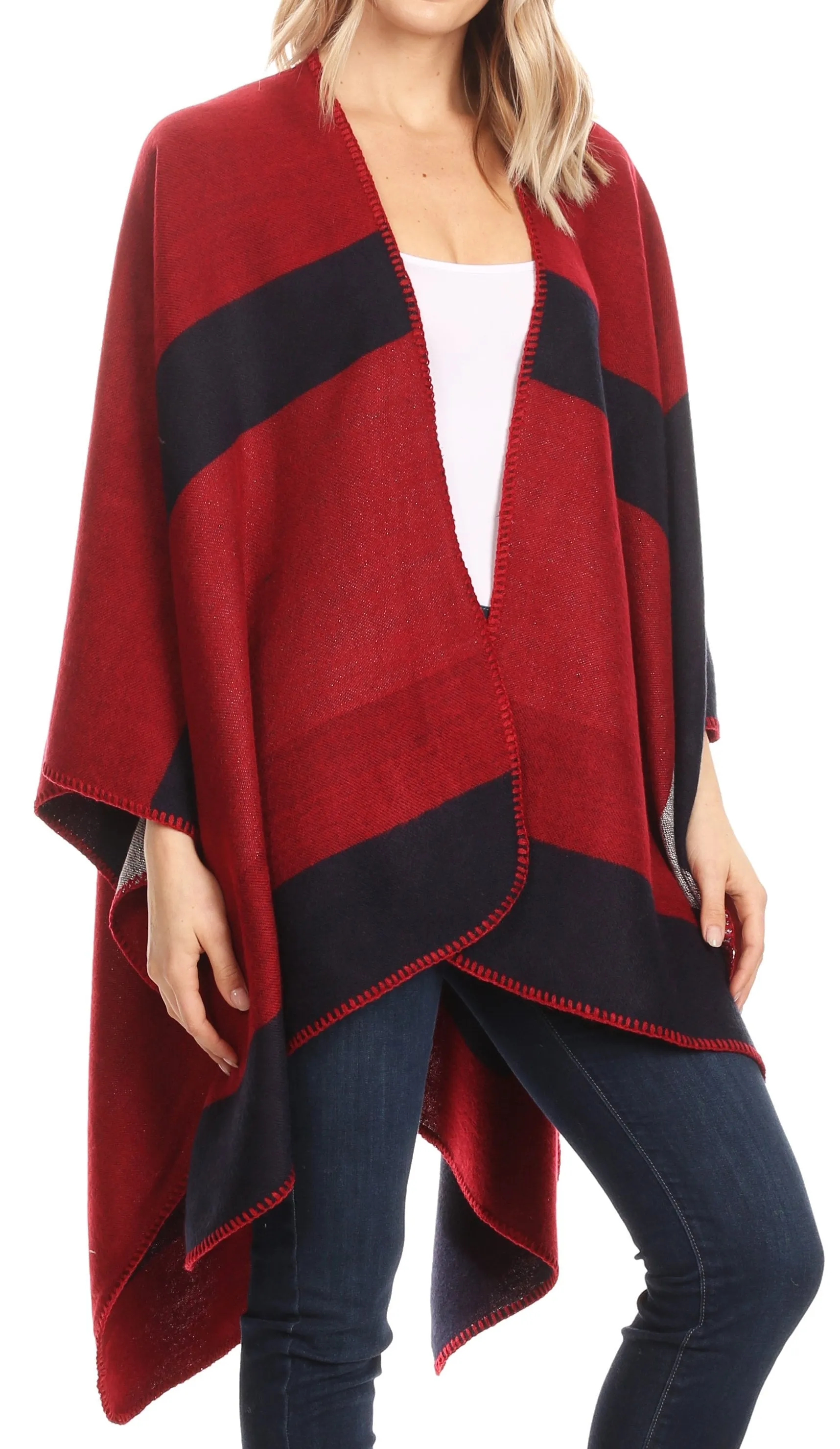 Sakkas Mari Women's Reversible Large Poncho Shawl Wrap Scarf Cape Ruana Blanket