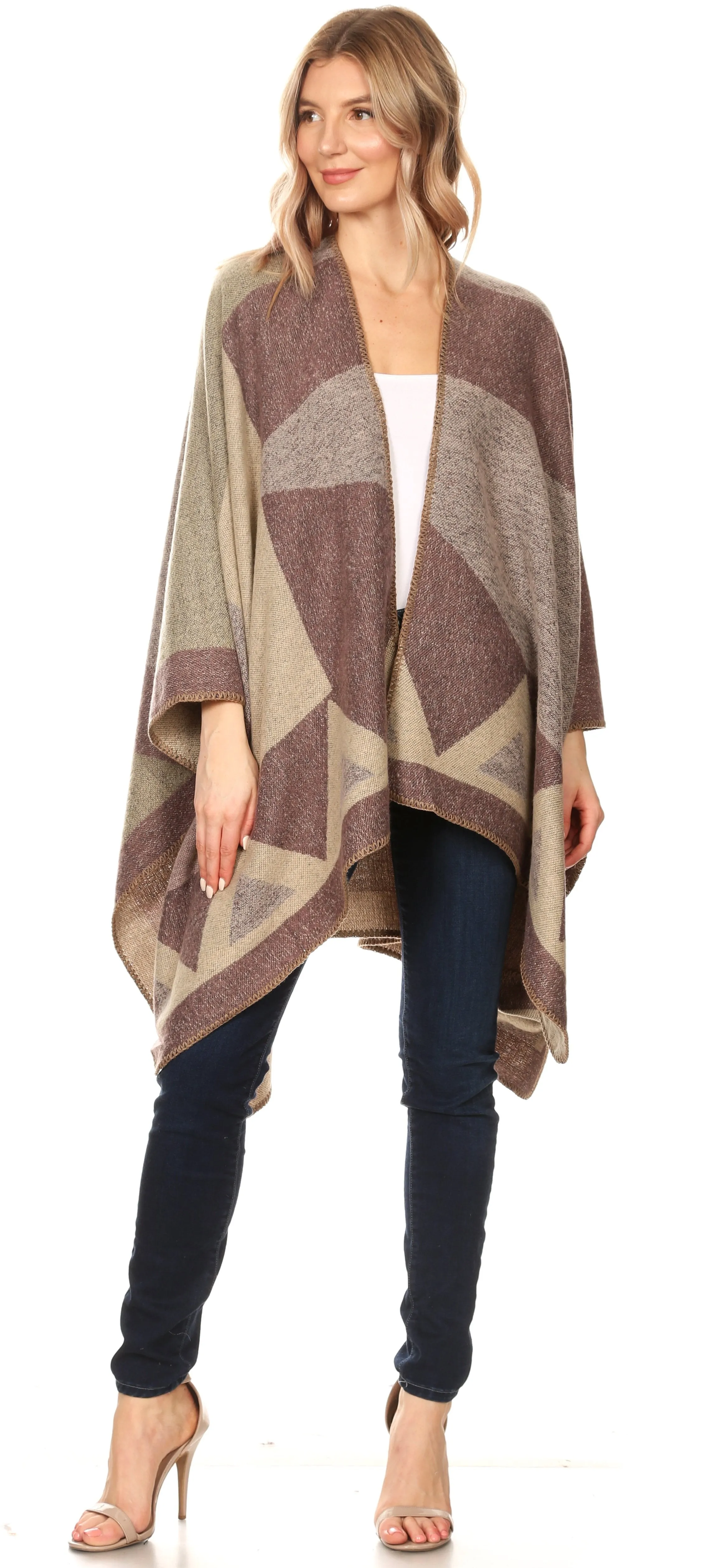 Sakkas Mari Women's Reversible Large Poncho Shawl Wrap Scarf Cape Ruana Blanket