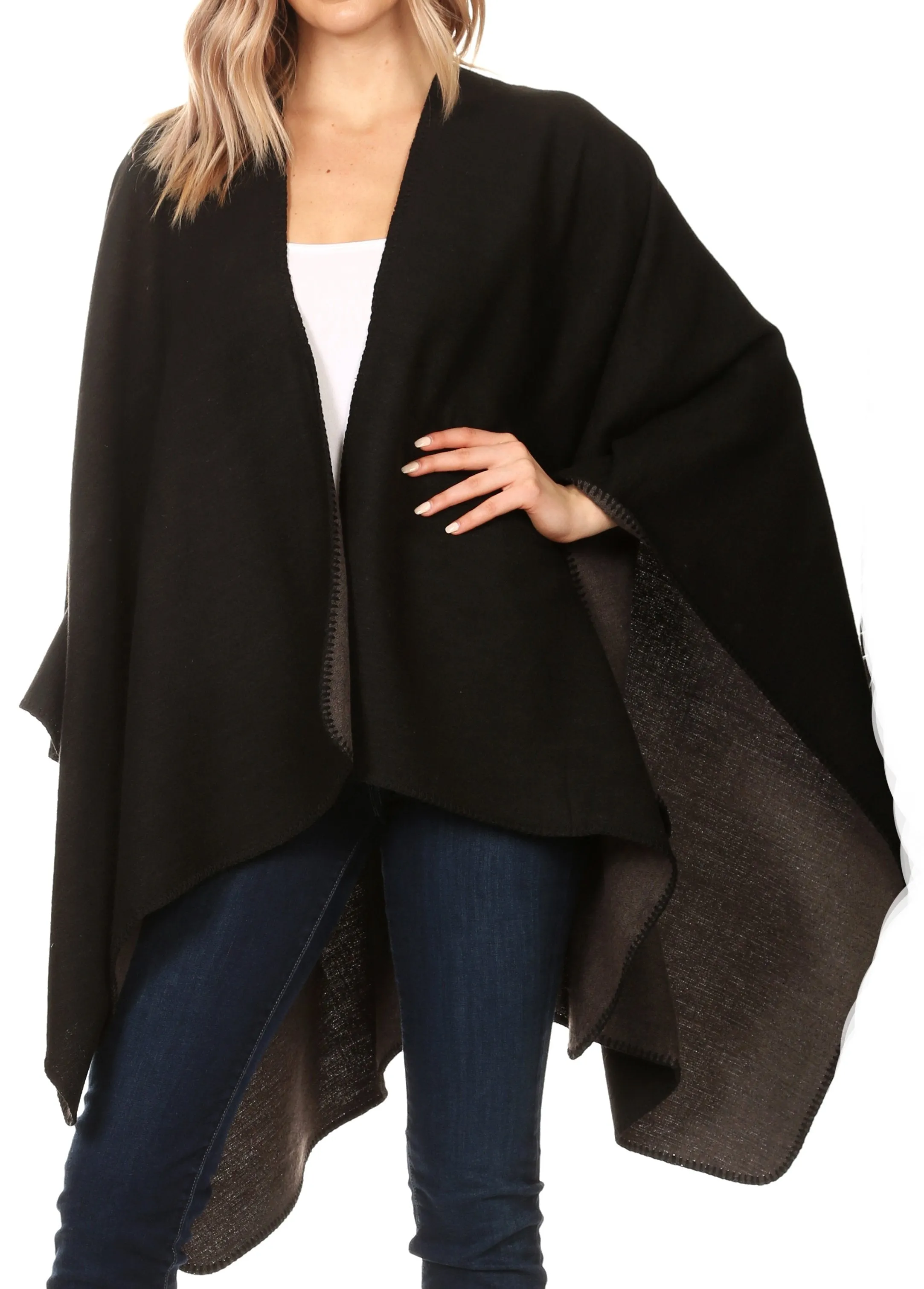 Sakkas Mari Women's Reversible Large Poncho Shawl Wrap Scarf Cape Ruana Blanket