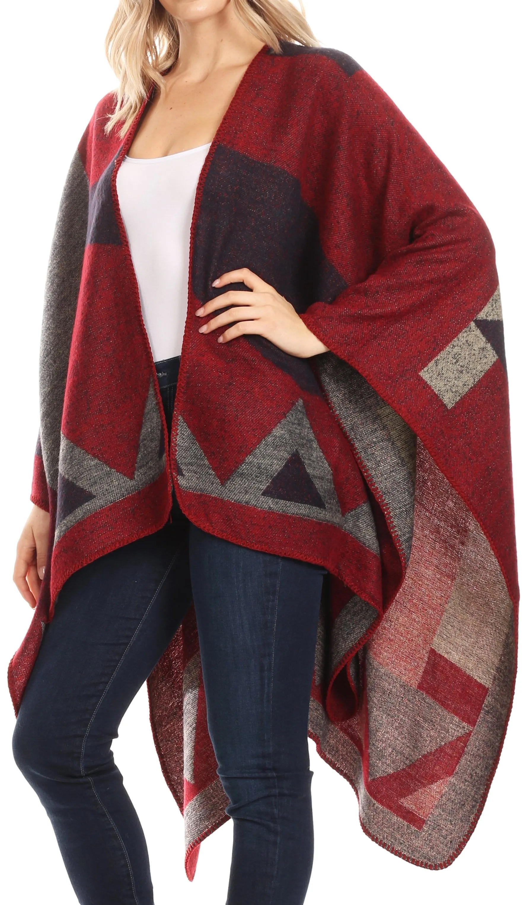 Sakkas Mari Women's Reversible Large Poncho Shawl Wrap Scarf Cape Ruana Blanket