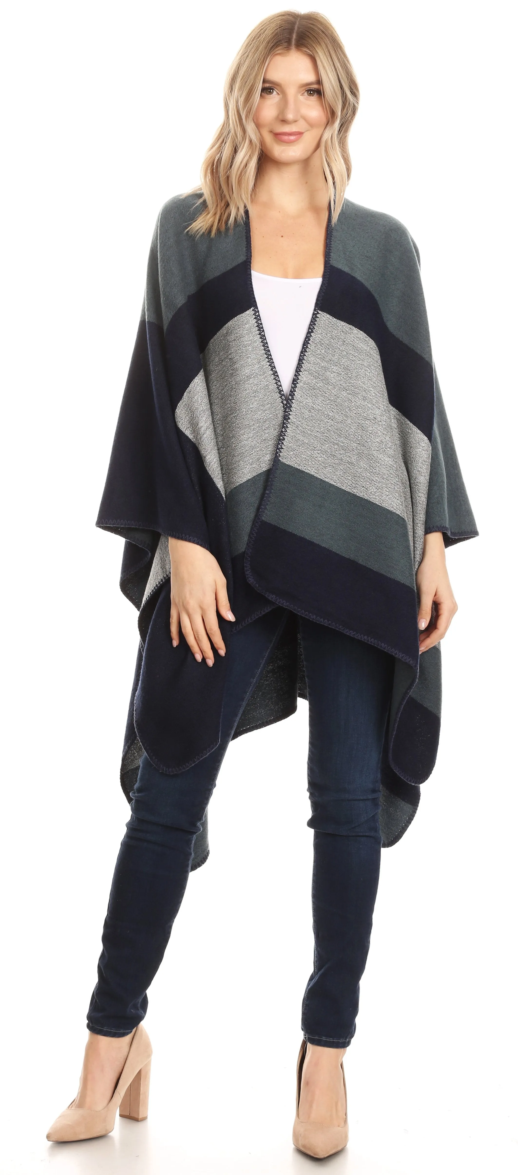 Sakkas Mari Women's Reversible Large Poncho Shawl Wrap Scarf Cape Ruana Blanket