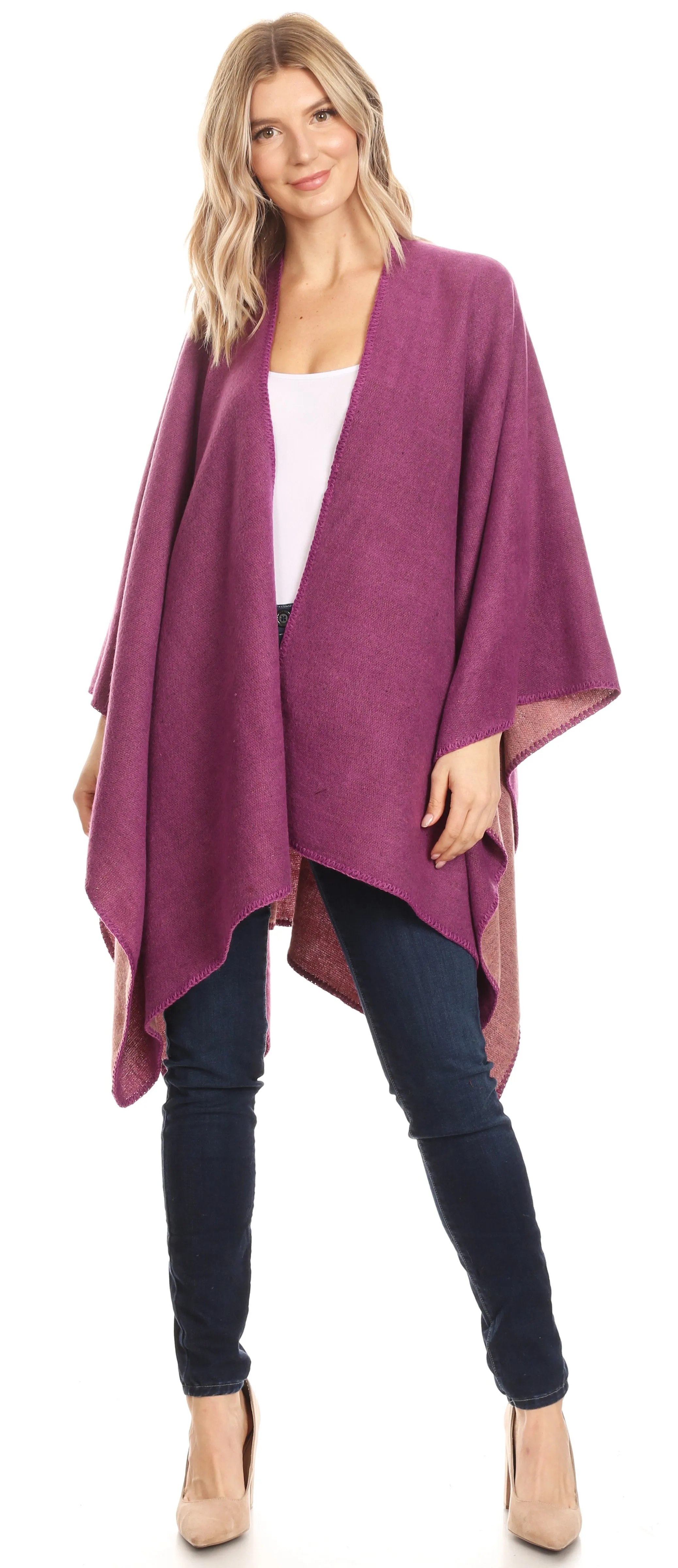 Sakkas Mari Women's Reversible Large Poncho Shawl Wrap Scarf Cape Ruana Blanket