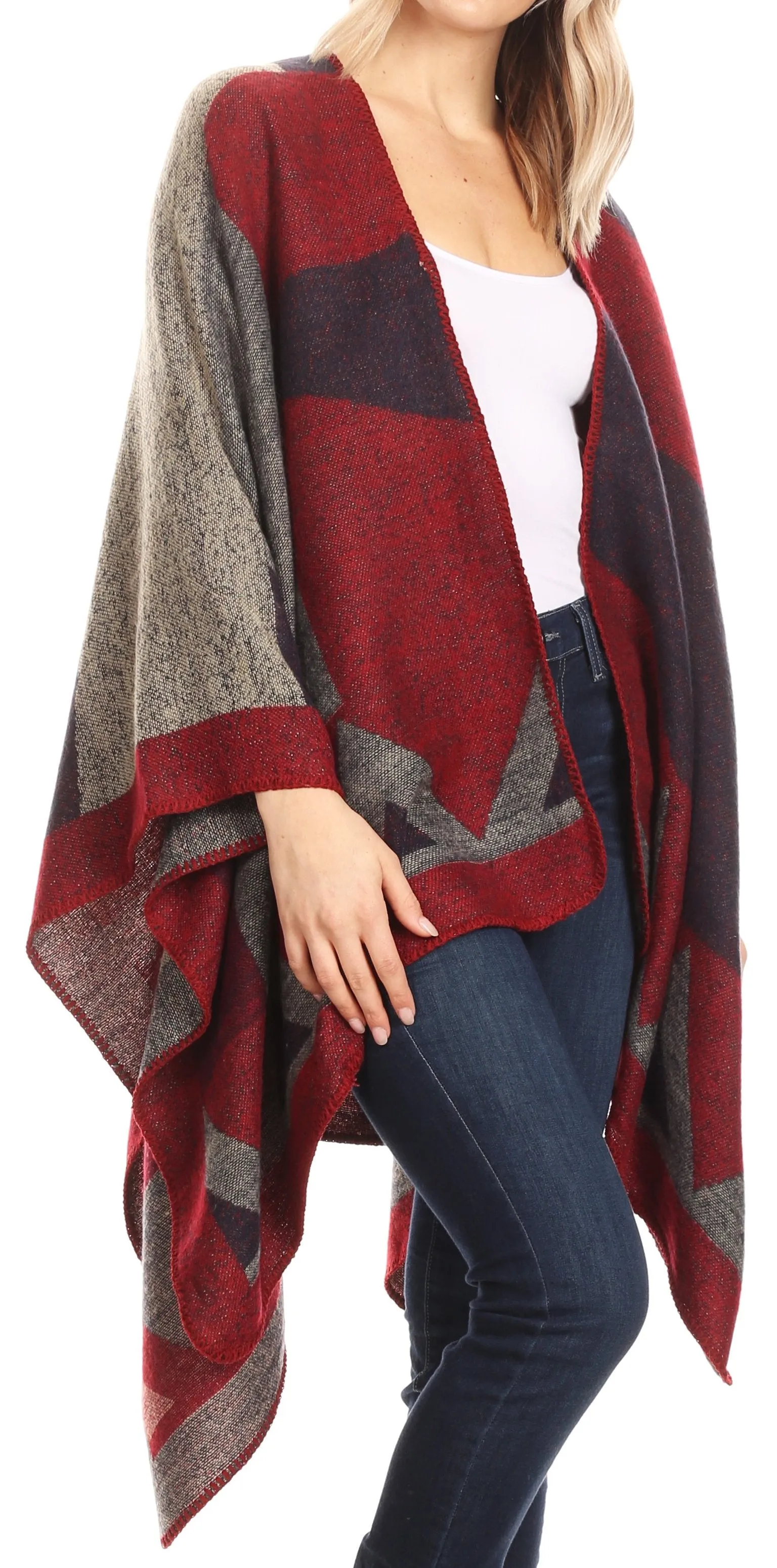 Sakkas Mari Women's Reversible Large Poncho Shawl Wrap Scarf Cape Ruana Blanket