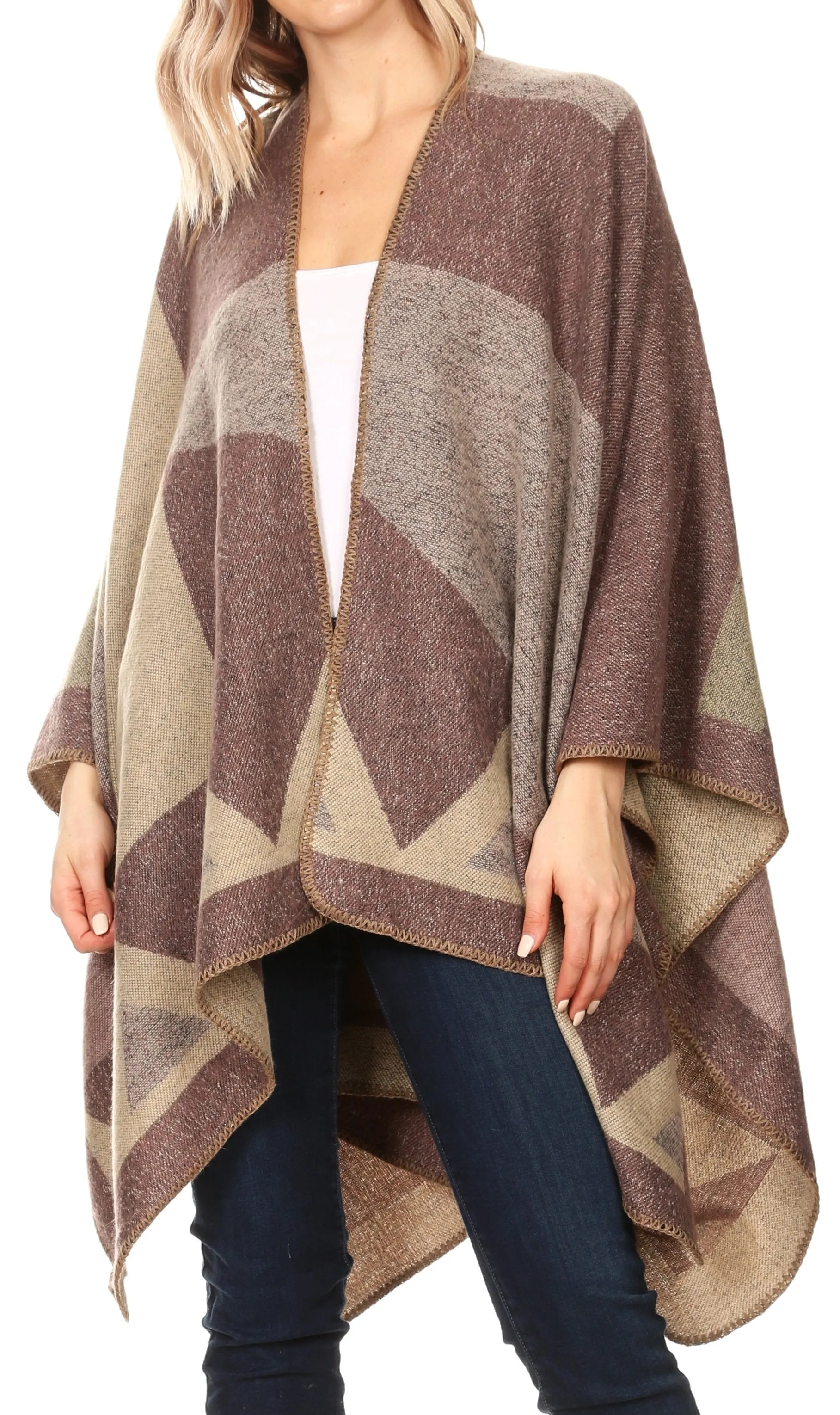 Sakkas Mari Women's Reversible Large Poncho Shawl Wrap Scarf Cape Ruana Blanket