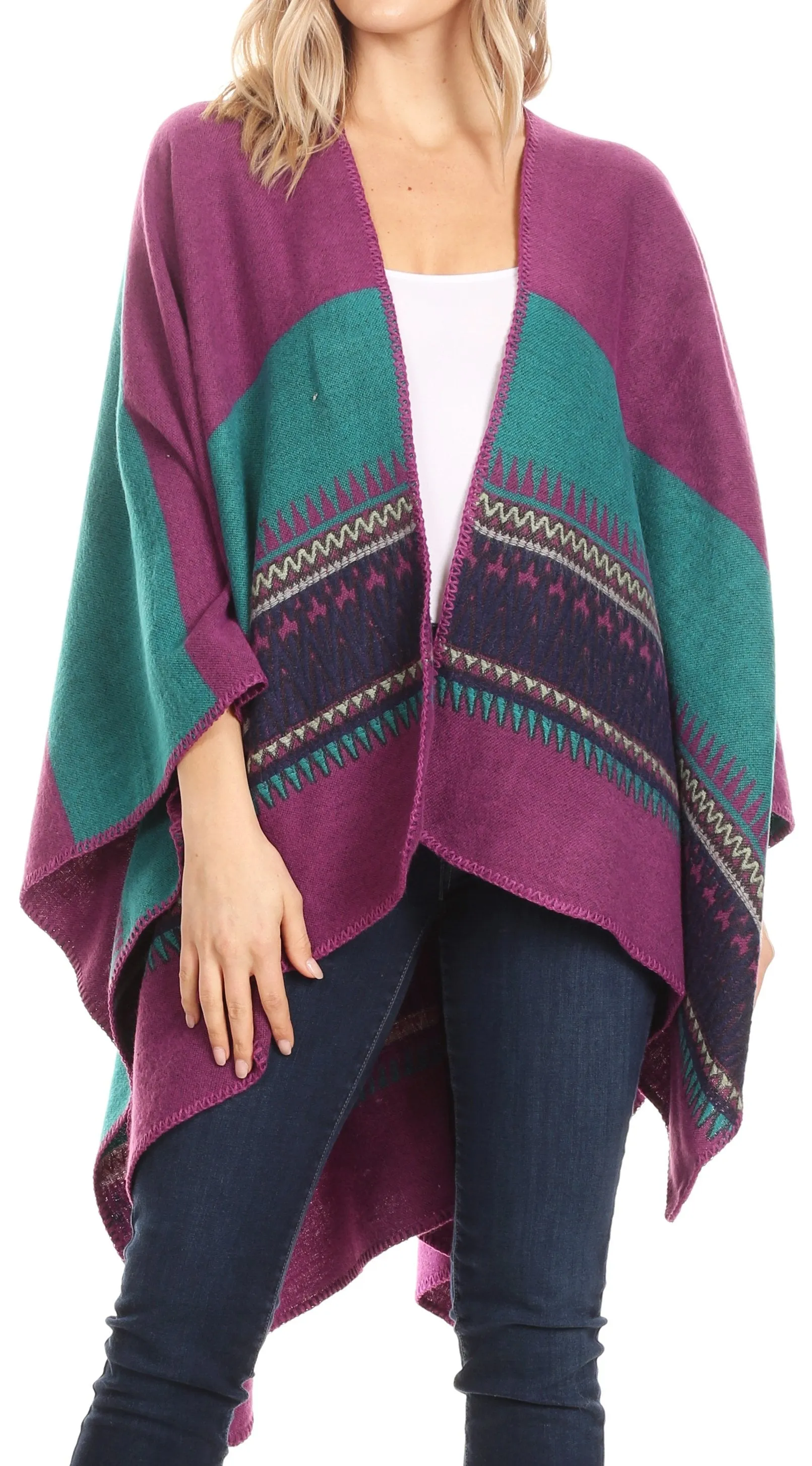 Sakkas Mari Women's Reversible Large Poncho Shawl Wrap Scarf Cape Ruana Blanket