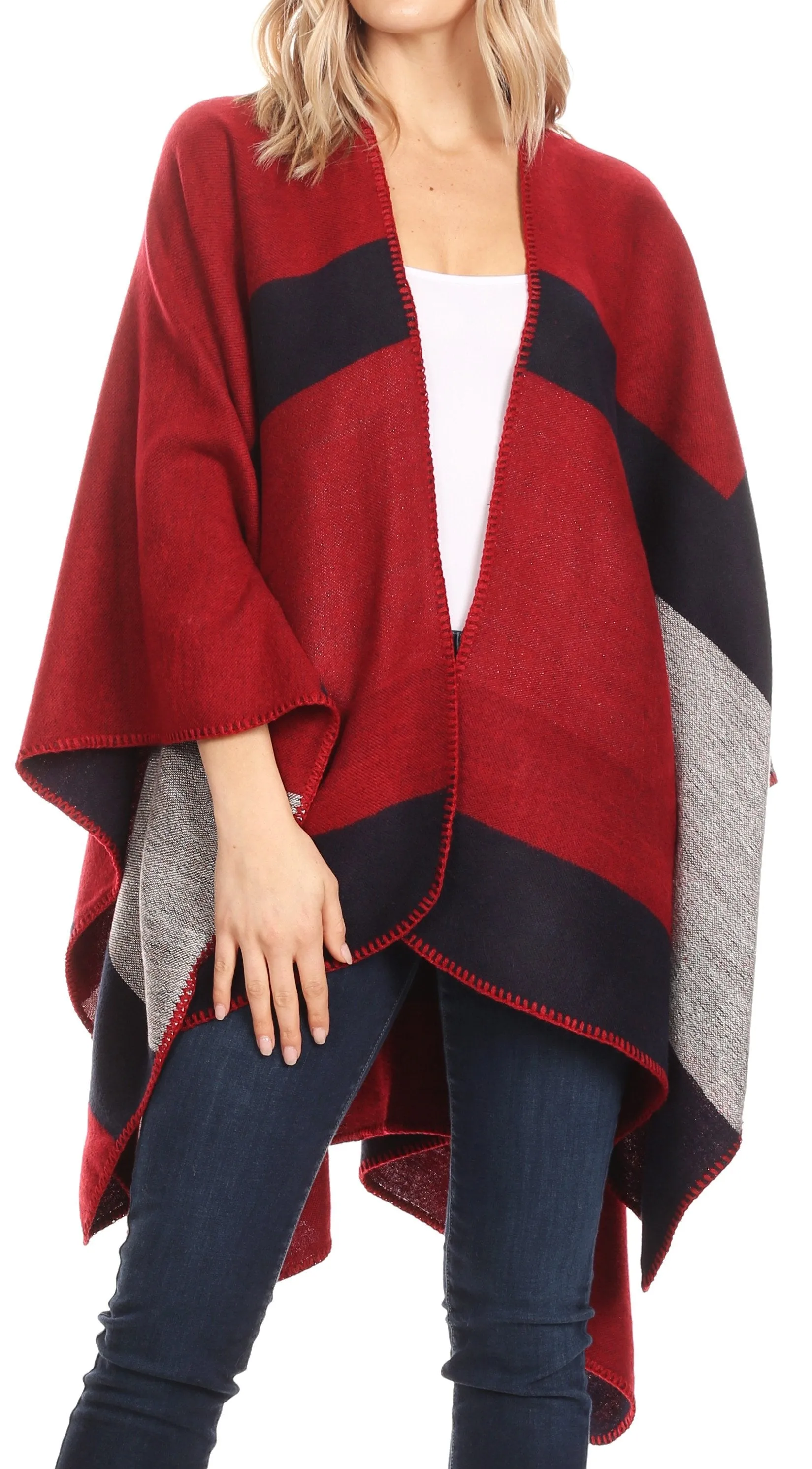 Sakkas Mari Women's Reversible Large Poncho Shawl Wrap Scarf Cape Ruana Blanket