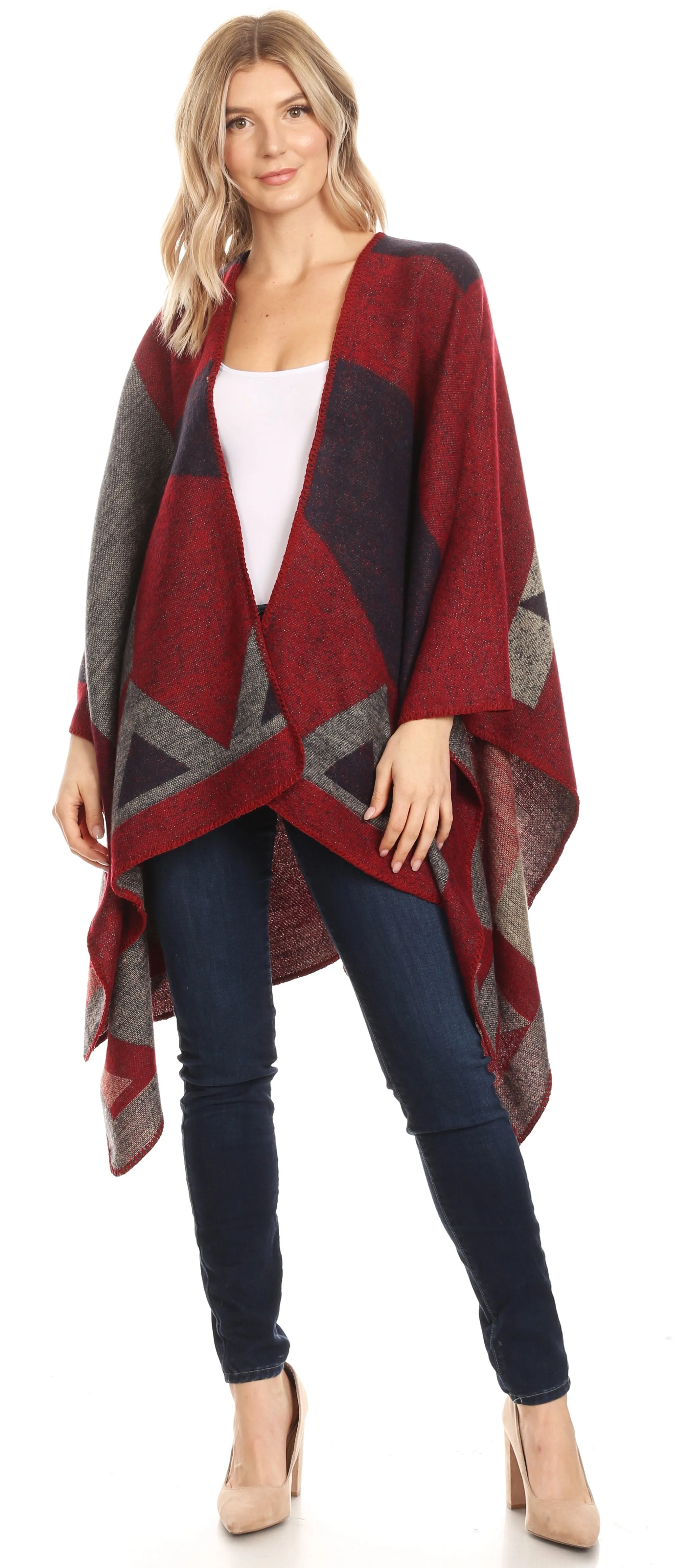 Sakkas Mari Women's Reversible Large Poncho Shawl Wrap Scarf Cape Ruana Blanket