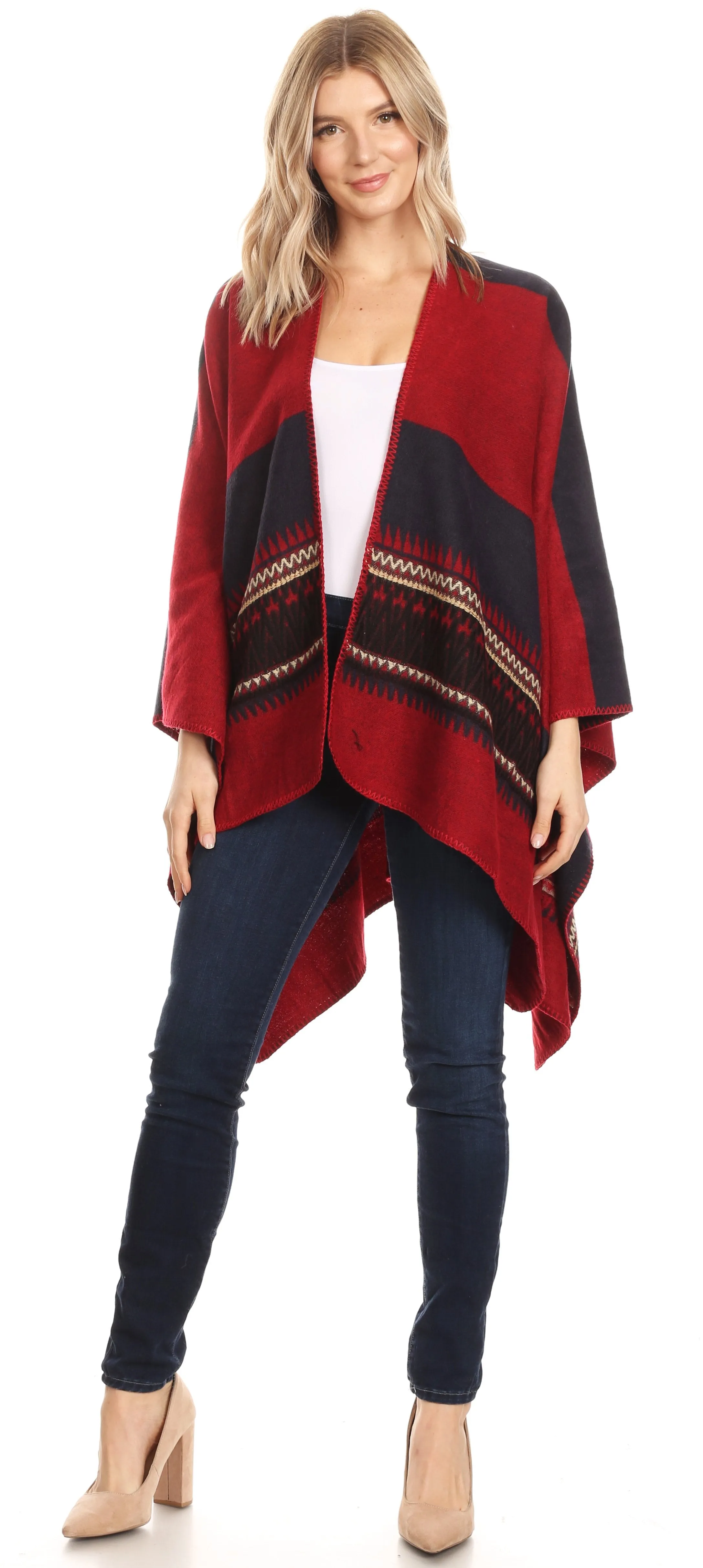 Sakkas Mari Women's Reversible Large Poncho Shawl Wrap Scarf Cape Ruana Blanket