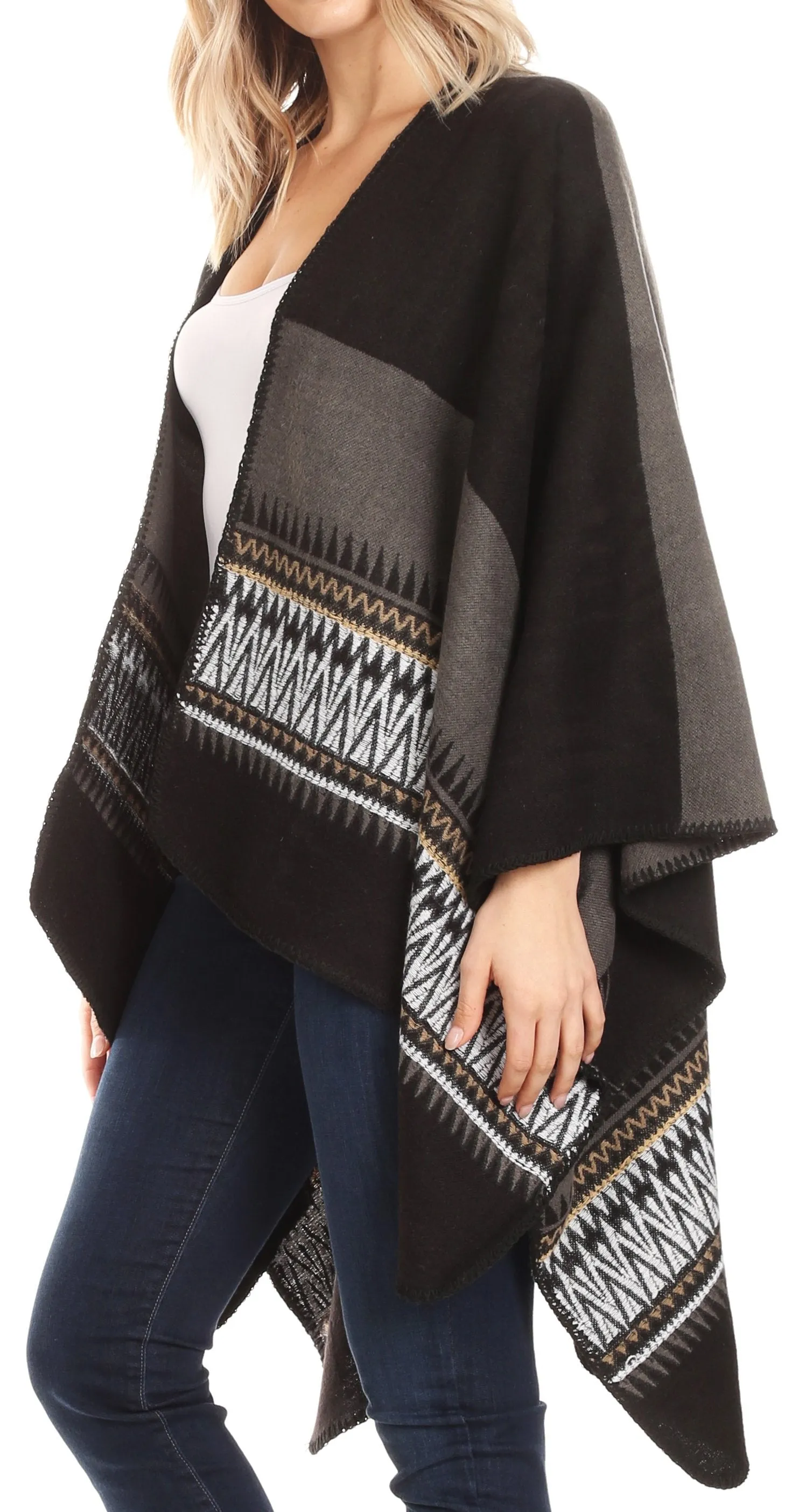 Sakkas Mari Women's Reversible Large Poncho Shawl Wrap Scarf Cape Ruana Blanket