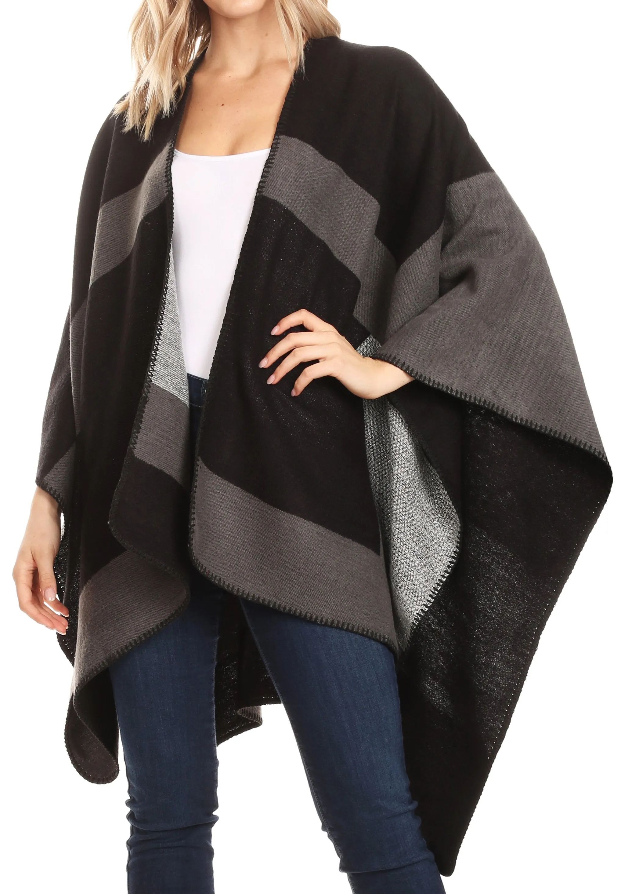 Sakkas Mari Women's Reversible Large Poncho Shawl Wrap Scarf Cape Ruana Blanket