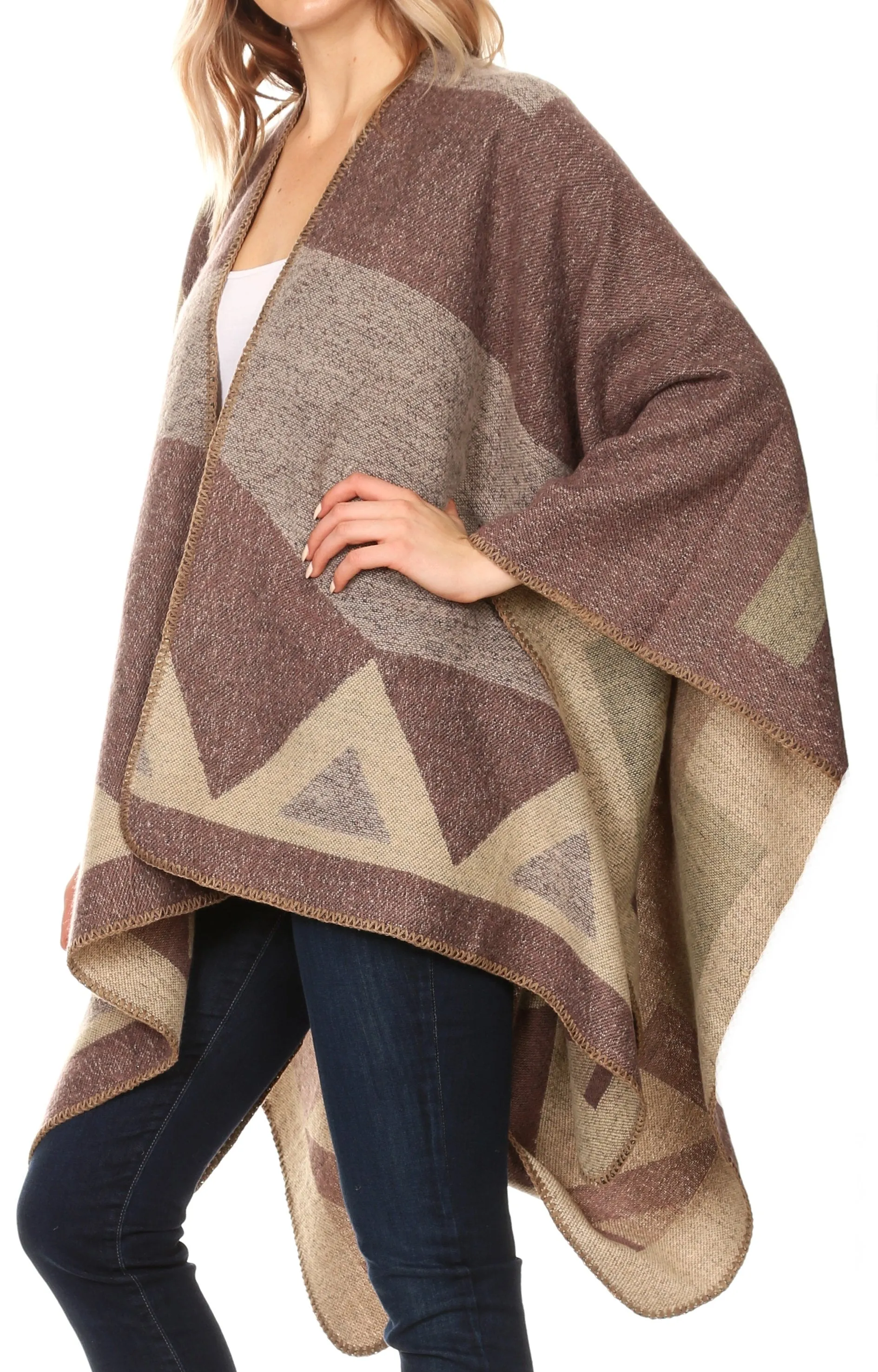 Sakkas Mari Women's Reversible Large Poncho Shawl Wrap Scarf Cape Ruana Blanket