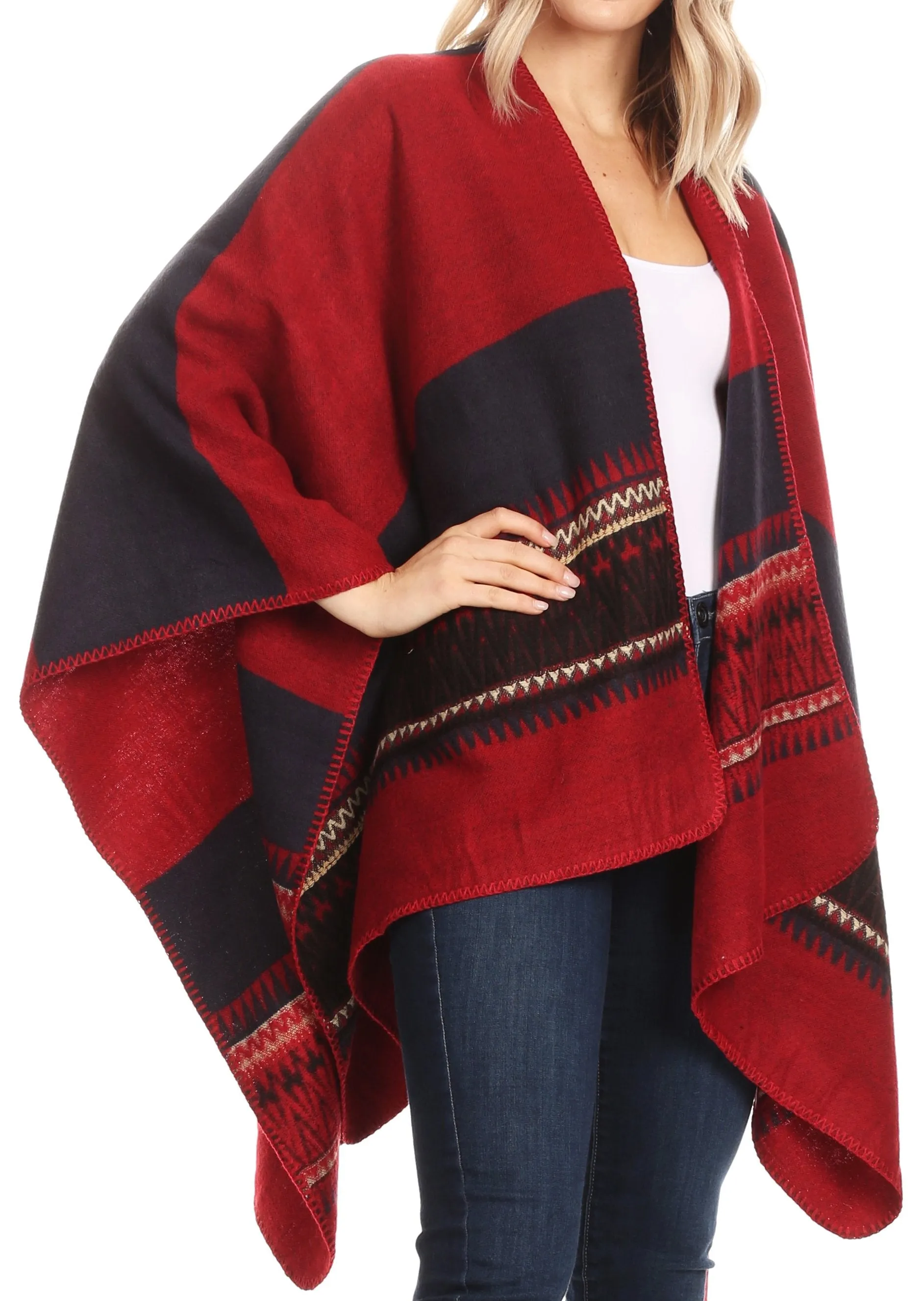 Sakkas Mari Women's Reversible Large Poncho Shawl Wrap Scarf Cape Ruana Blanket