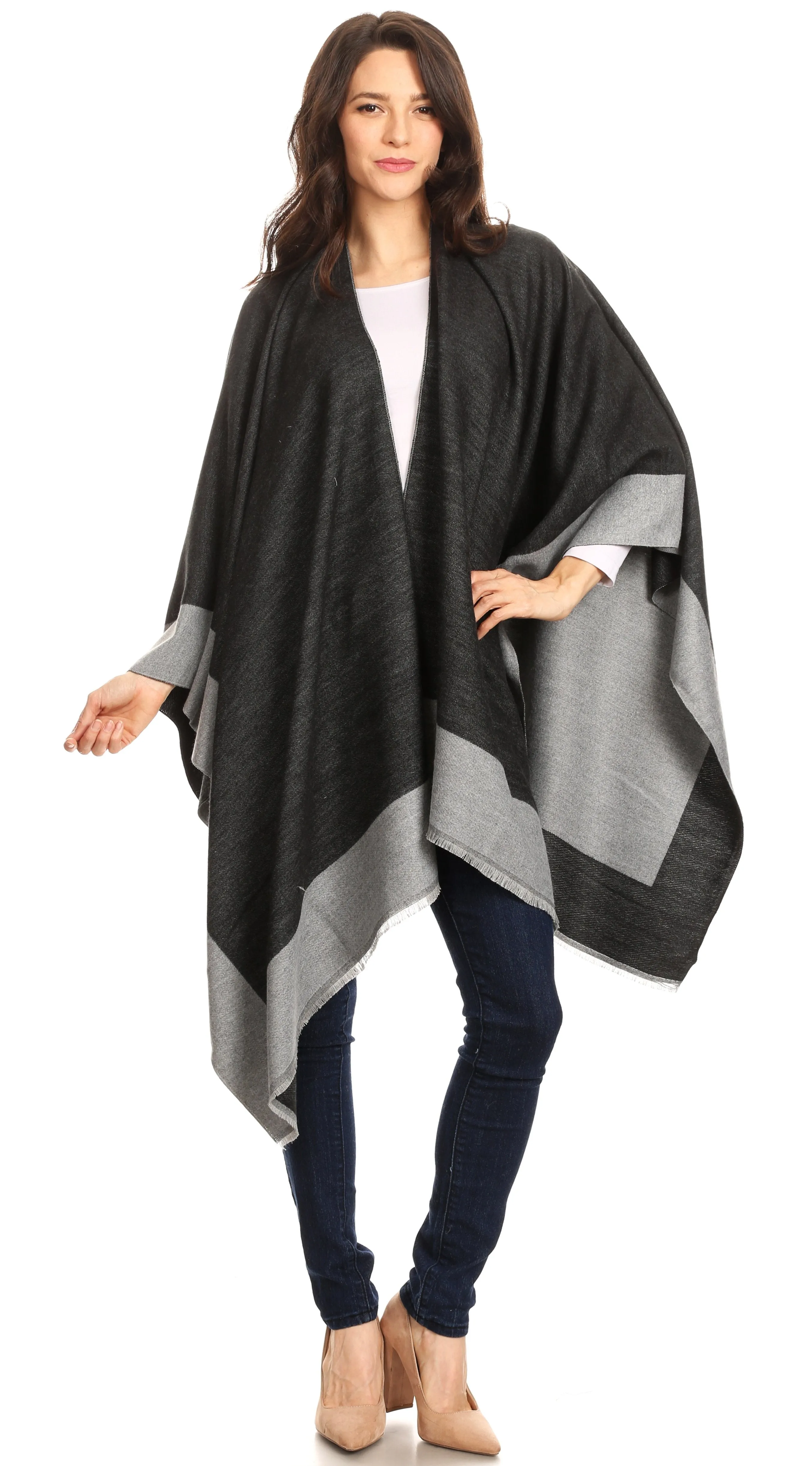 Sakkas Nila Women's Reversible Open Front Large Poncho Shawl Wrap Scarf Cape Ruana