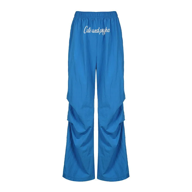 Sexy Letter Graphic Printing Blue Loose Casual Trousers Elastic Waist Minimalism Woven Wide Leg Pants