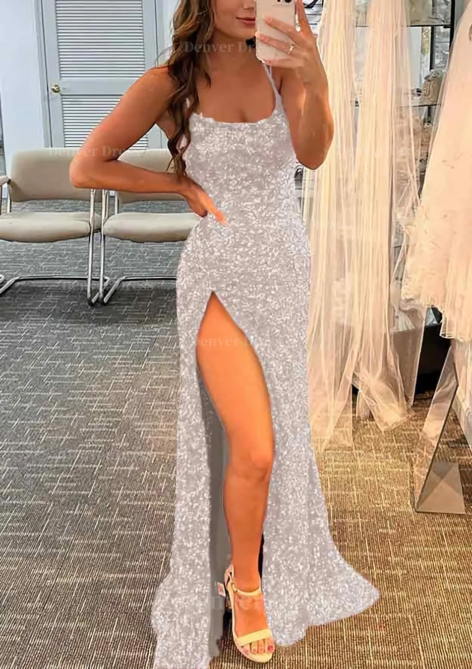 Sheath/Column Bateau Spaghetti Straps Long/Floor-Length Velvet Sequins Prom Dress With Split