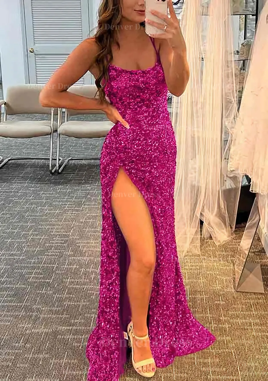 Sheath/Column Bateau Spaghetti Straps Long/Floor-Length Velvet Sequins Prom Dress With Split