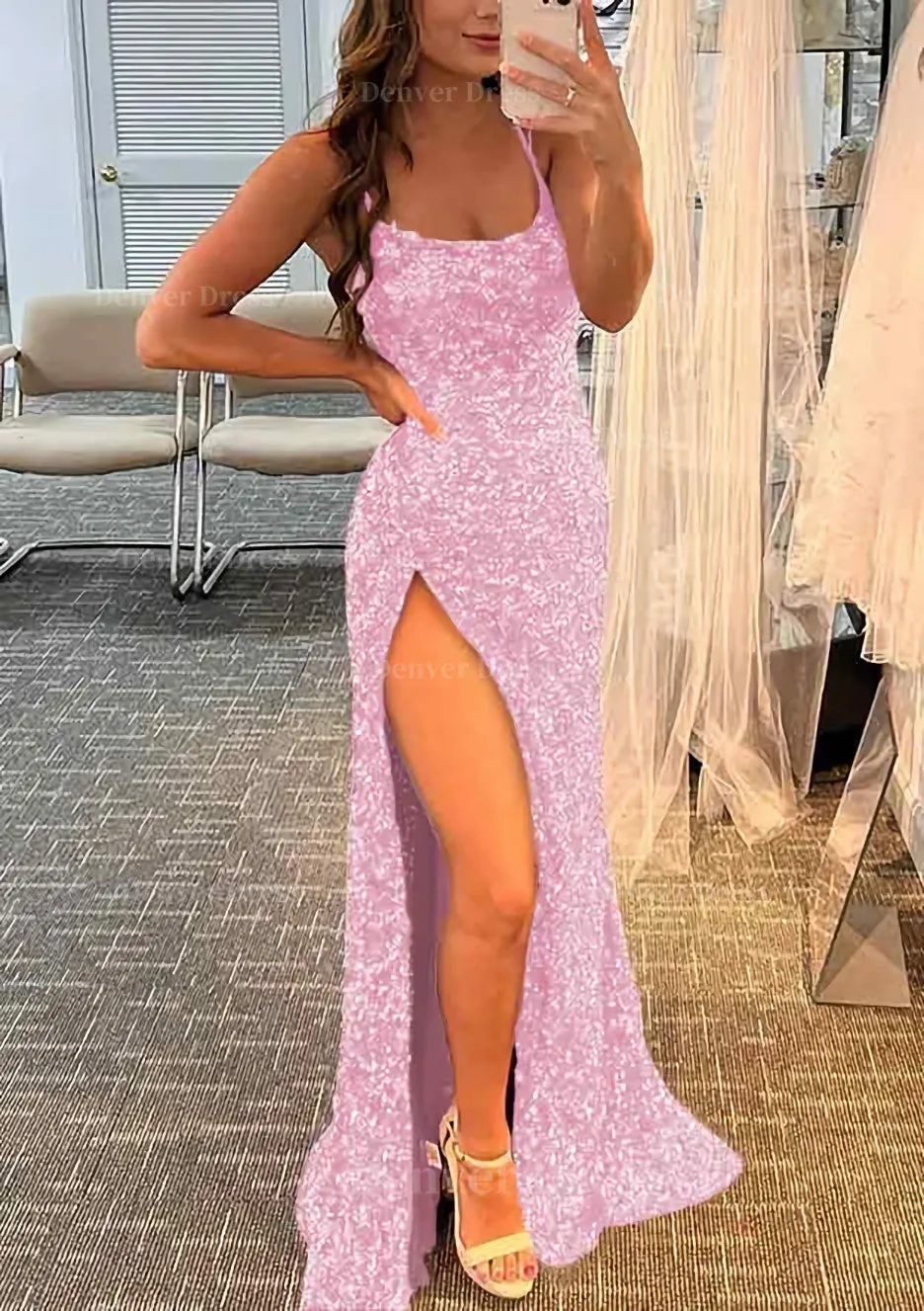 Sheath/Column Bateau Spaghetti Straps Long/Floor-Length Velvet Sequins Prom Dress With Split