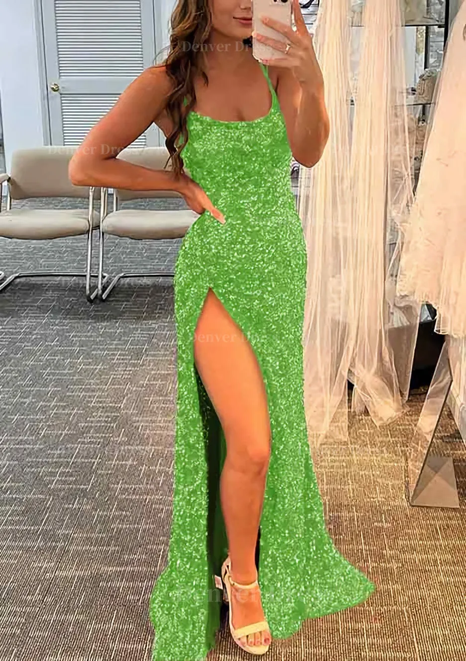 Sheath/Column Bateau Spaghetti Straps Long/Floor-Length Velvet Sequins Prom Dress With Split