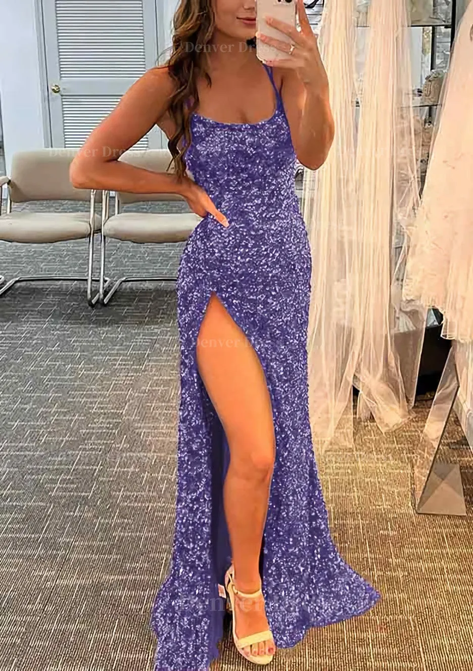 Sheath/Column Bateau Spaghetti Straps Long/Floor-Length Velvet Sequins Prom Dress With Split