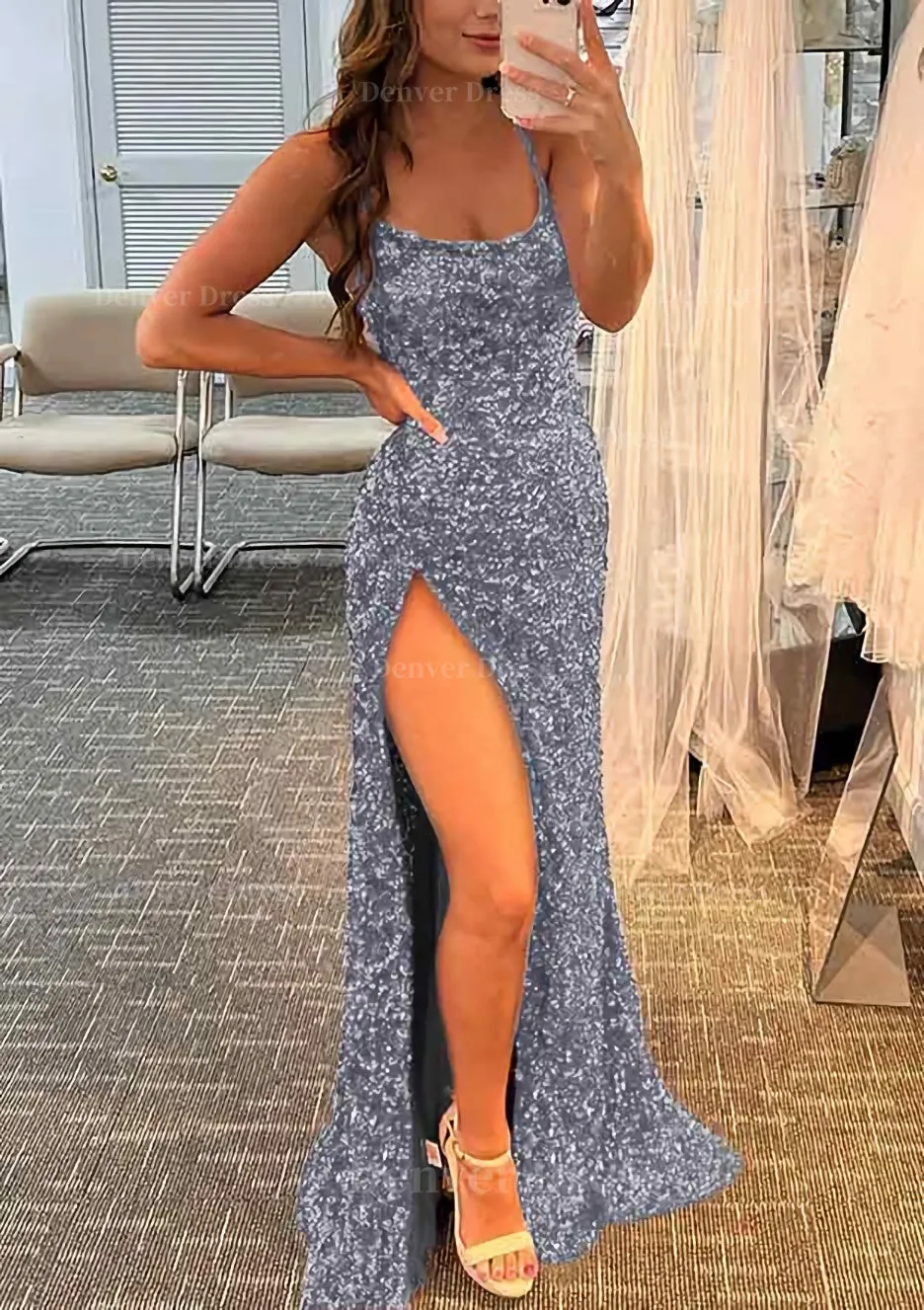 Sheath/Column Bateau Spaghetti Straps Long/Floor-Length Velvet Sequins Prom Dress With Split