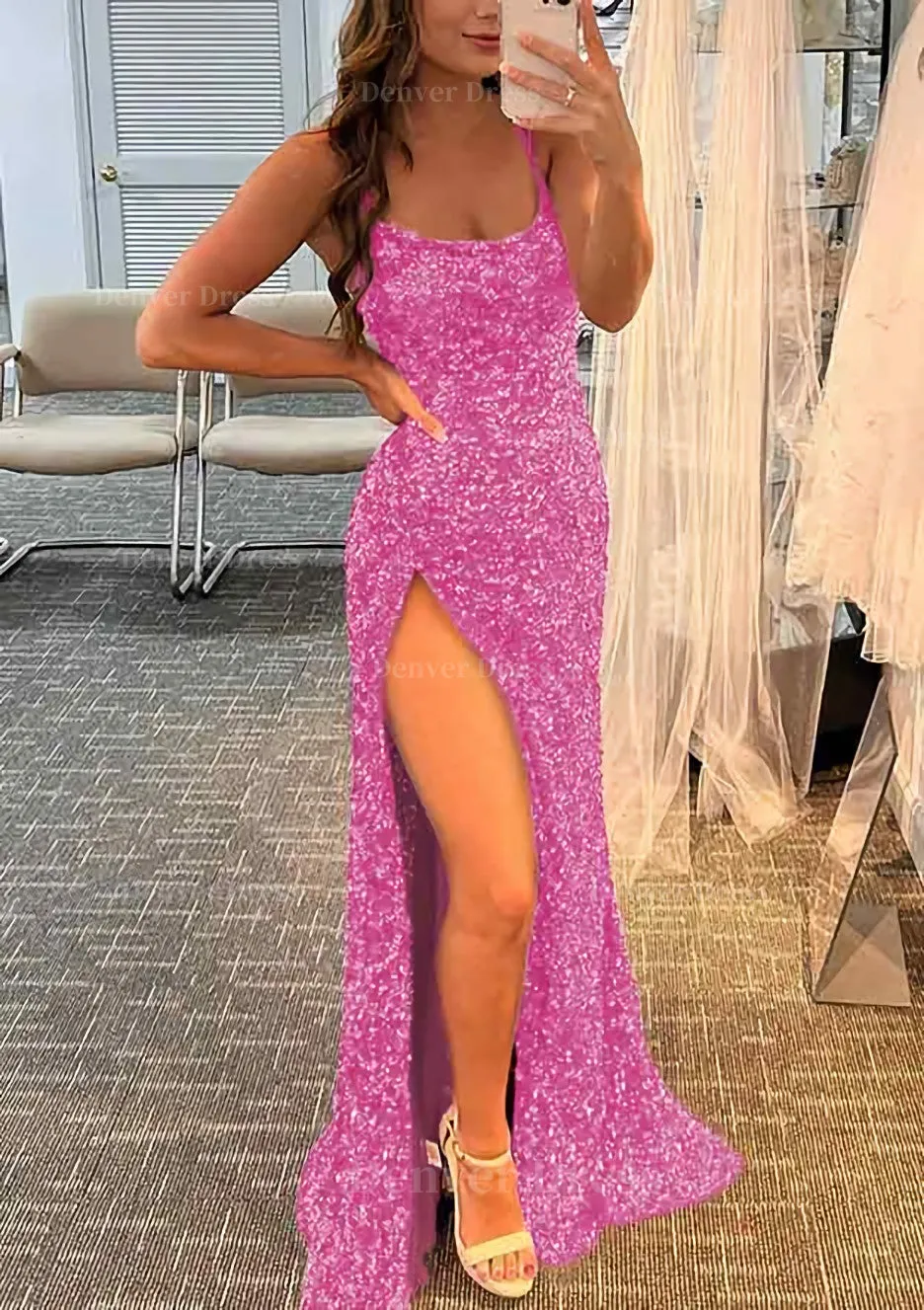 Sheath/Column Bateau Spaghetti Straps Long/Floor-Length Velvet Sequins Prom Dress With Split