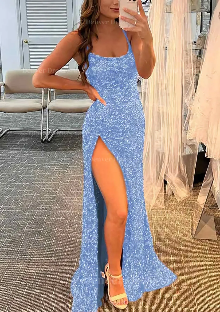 Sheath/Column Bateau Spaghetti Straps Long/Floor-Length Velvet Sequins Prom Dress With Split