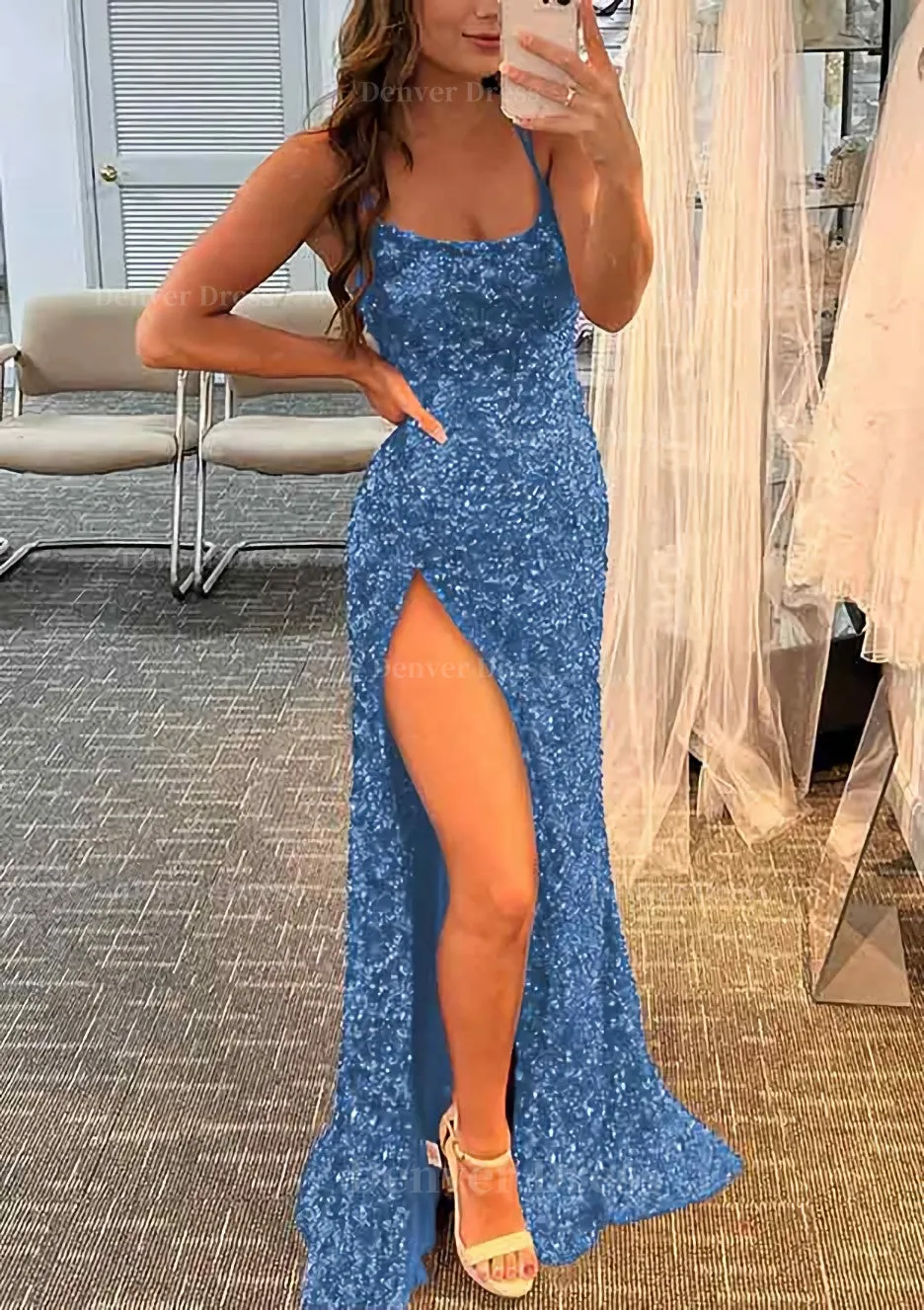 Sheath/Column Bateau Spaghetti Straps Long/Floor-Length Velvet Sequins Prom Dress With Split