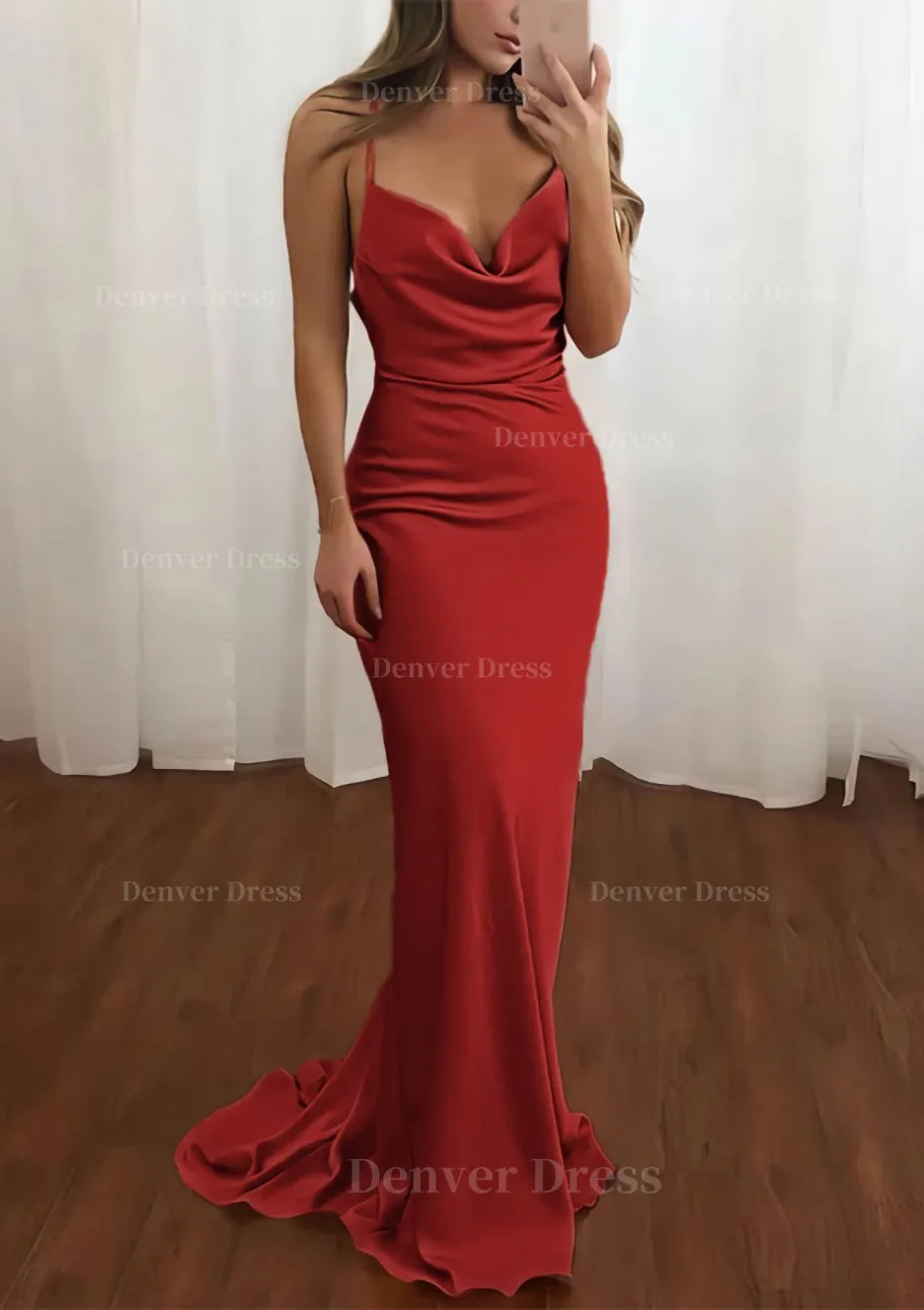 Sheath/Column Cowl Neck Spaghetti Straps Sweep Train Satin Prom Dress