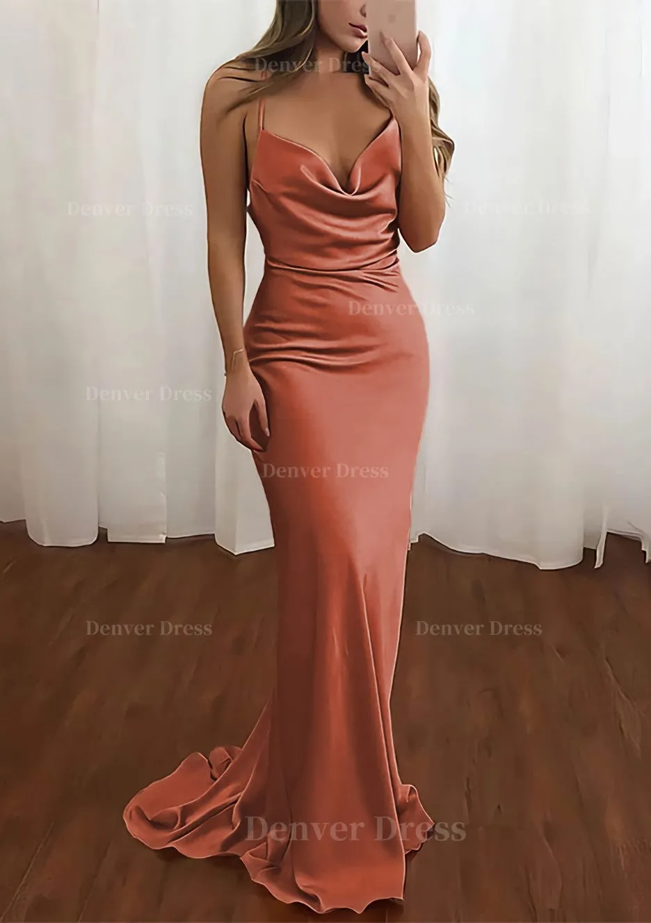 Sheath/Column Cowl Neck Spaghetti Straps Sweep Train Satin Prom Dress