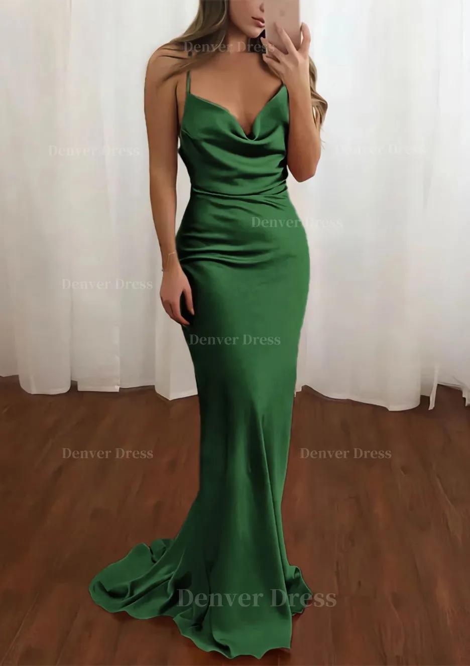 Sheath/Column Cowl Neck Spaghetti Straps Sweep Train Satin Prom Dress