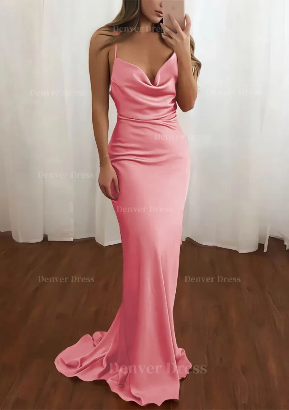 Sheath/Column Cowl Neck Spaghetti Straps Sweep Train Satin Prom Dress