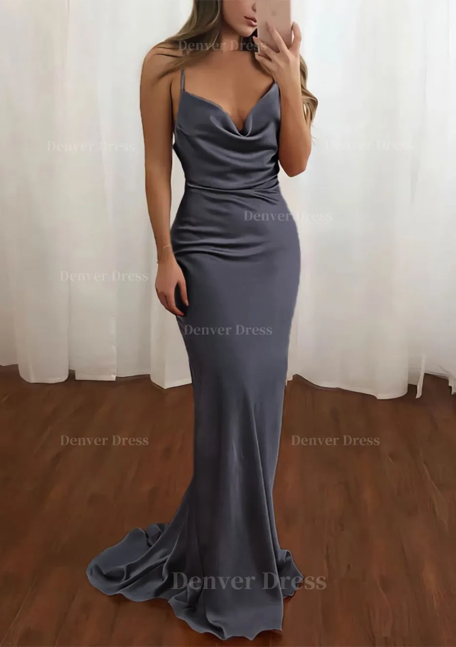 Sheath/Column Cowl Neck Spaghetti Straps Sweep Train Satin Prom Dress