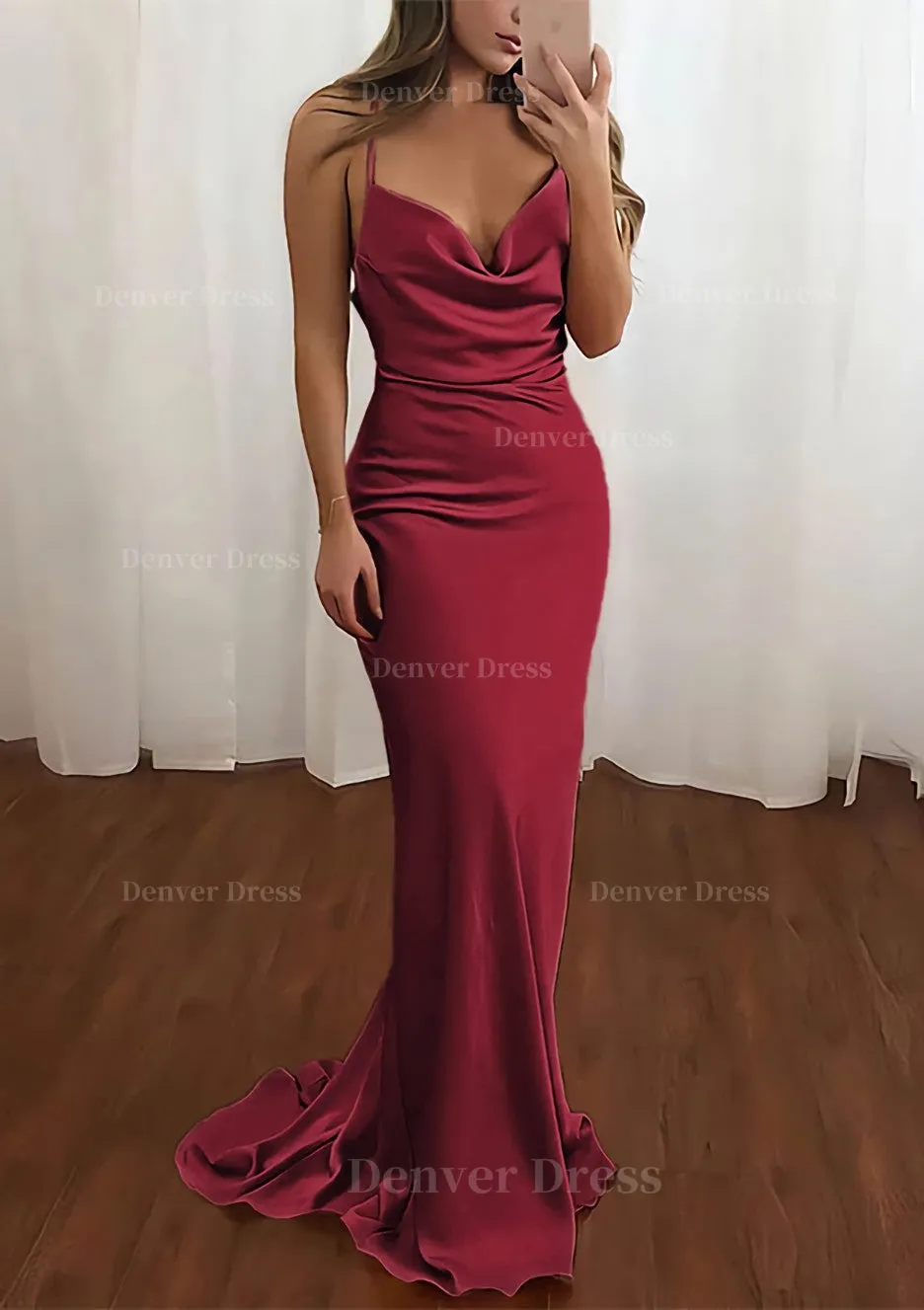 Sheath/Column Cowl Neck Spaghetti Straps Sweep Train Satin Prom Dress