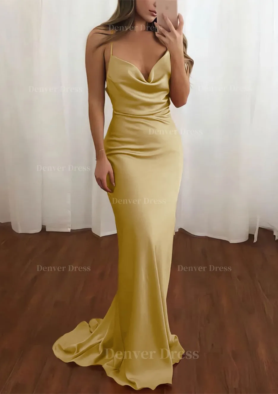 Sheath/Column Cowl Neck Spaghetti Straps Sweep Train Satin Prom Dress