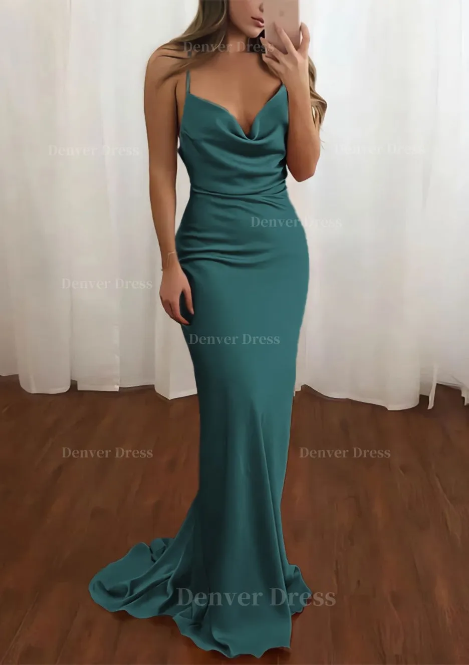 Sheath/Column Cowl Neck Spaghetti Straps Sweep Train Satin Prom Dress