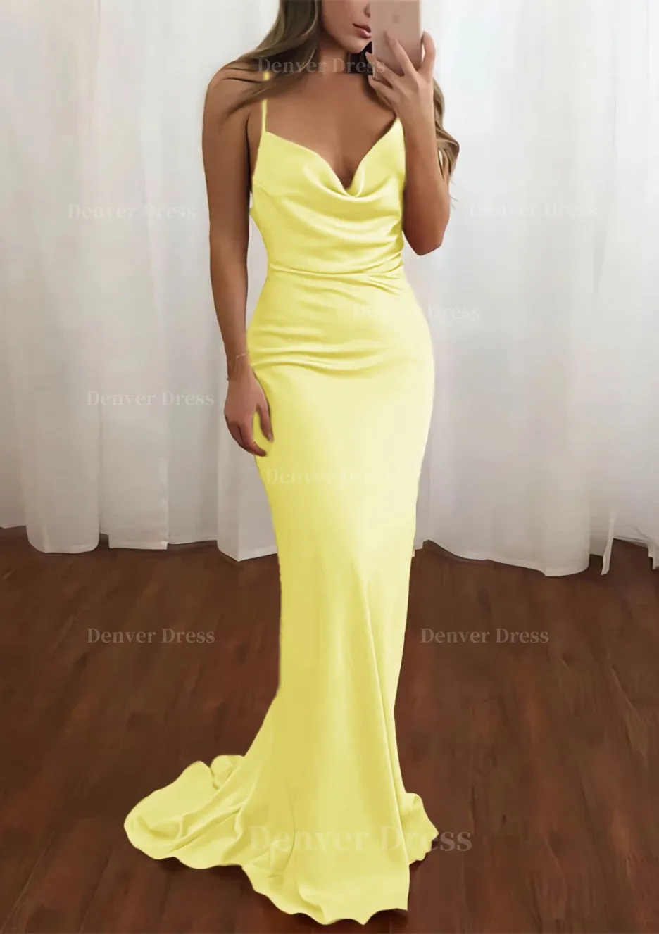 Sheath/Column Cowl Neck Spaghetti Straps Sweep Train Satin Prom Dress