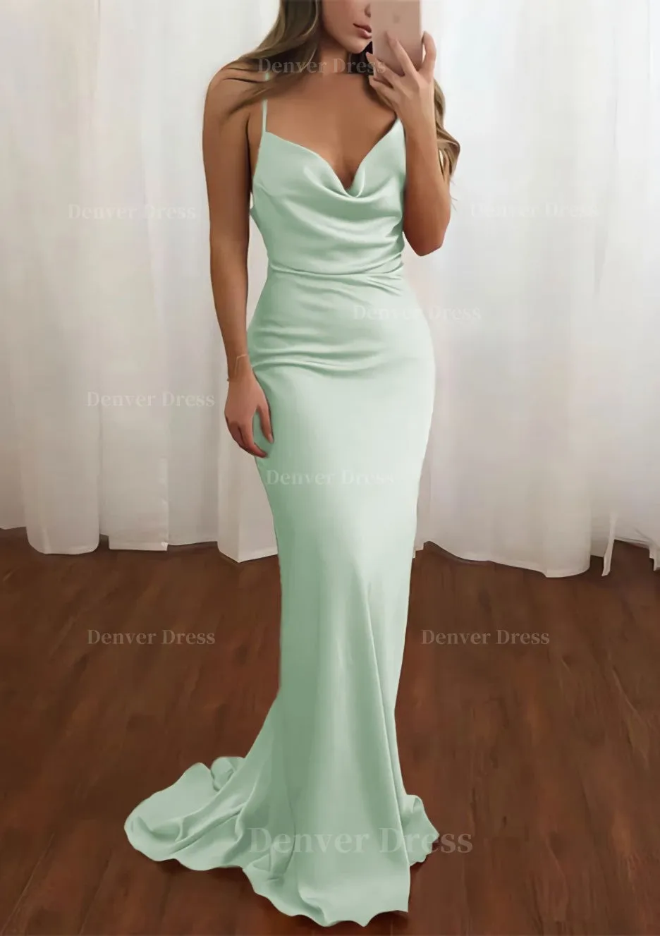 Sheath/Column Cowl Neck Spaghetti Straps Sweep Train Satin Prom Dress