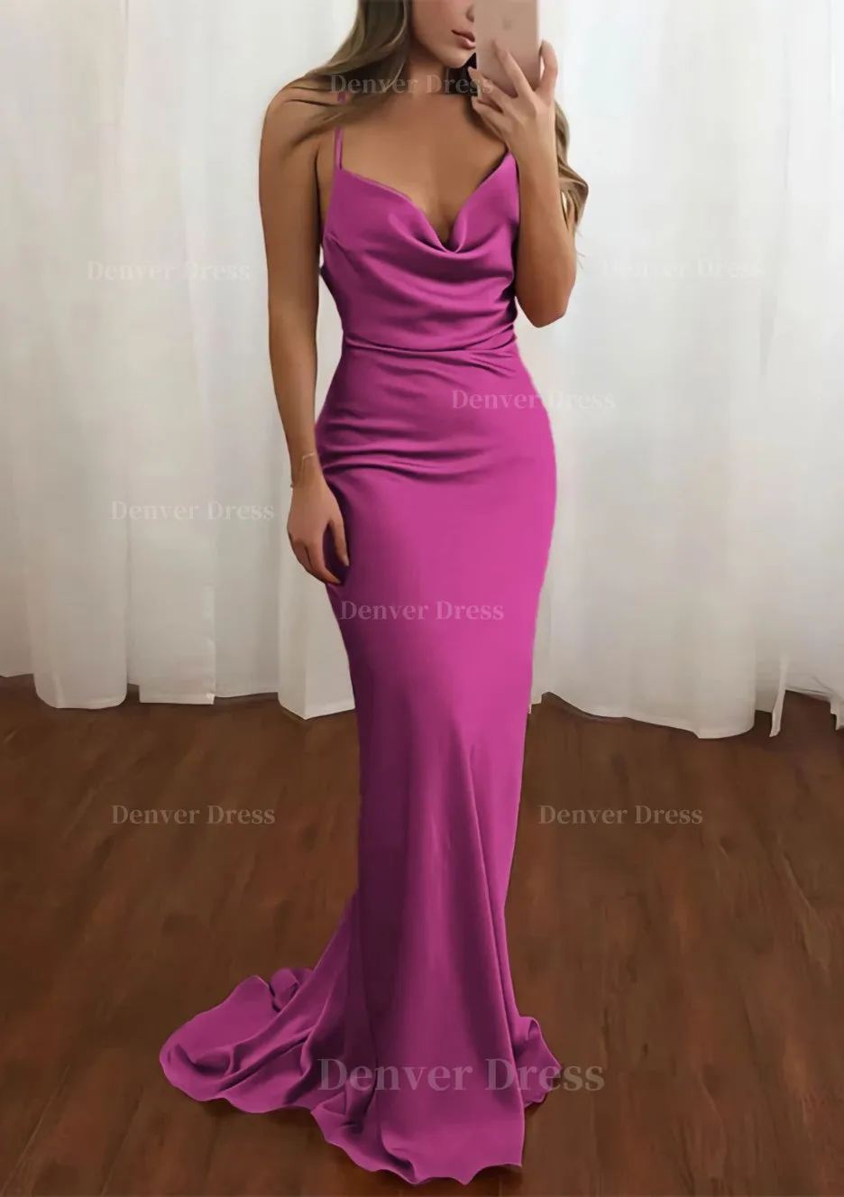 Sheath/Column Cowl Neck Spaghetti Straps Sweep Train Satin Prom Dress